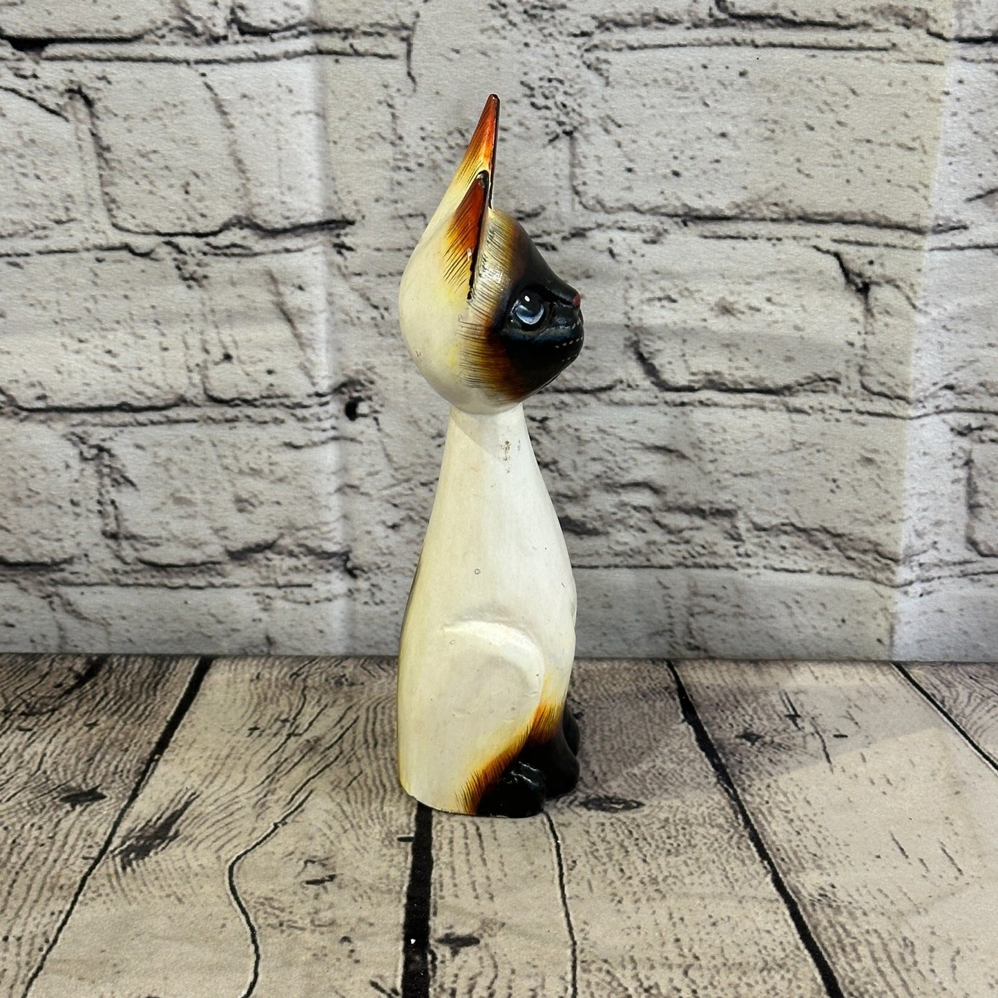 20cm x 7cm Siamese Sitting Bobble Style Painted Wooden Hand Carved Cat Wooden