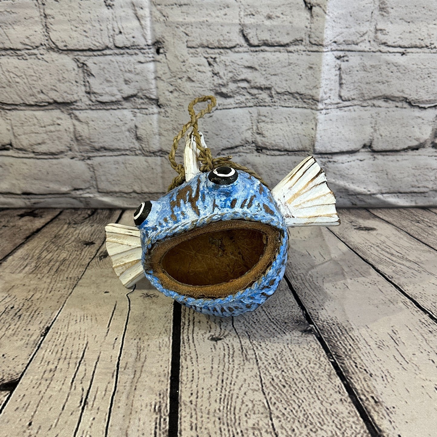 White Blue Folk Art Hand Painted Shark Fish Coconut Shell Ornaments Hanging