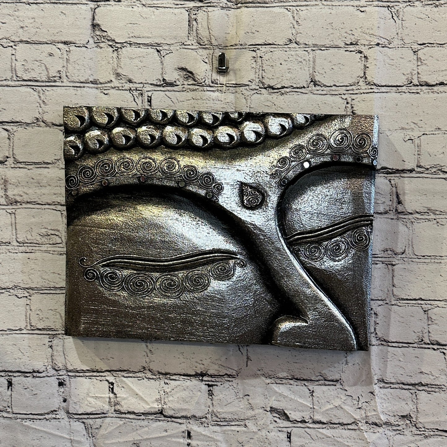 Wooden Wood Panel 40cm Brown Silver Buddha Eyes Lotus Wall Art Plaque Handcarved