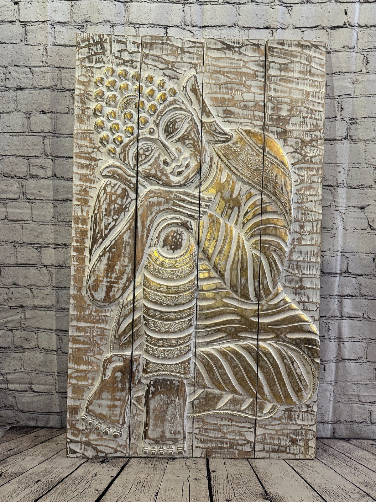 100cm x 60cm Buddha Brown Gold Wooden Wood Panel Wall Art Plaque Handcarved