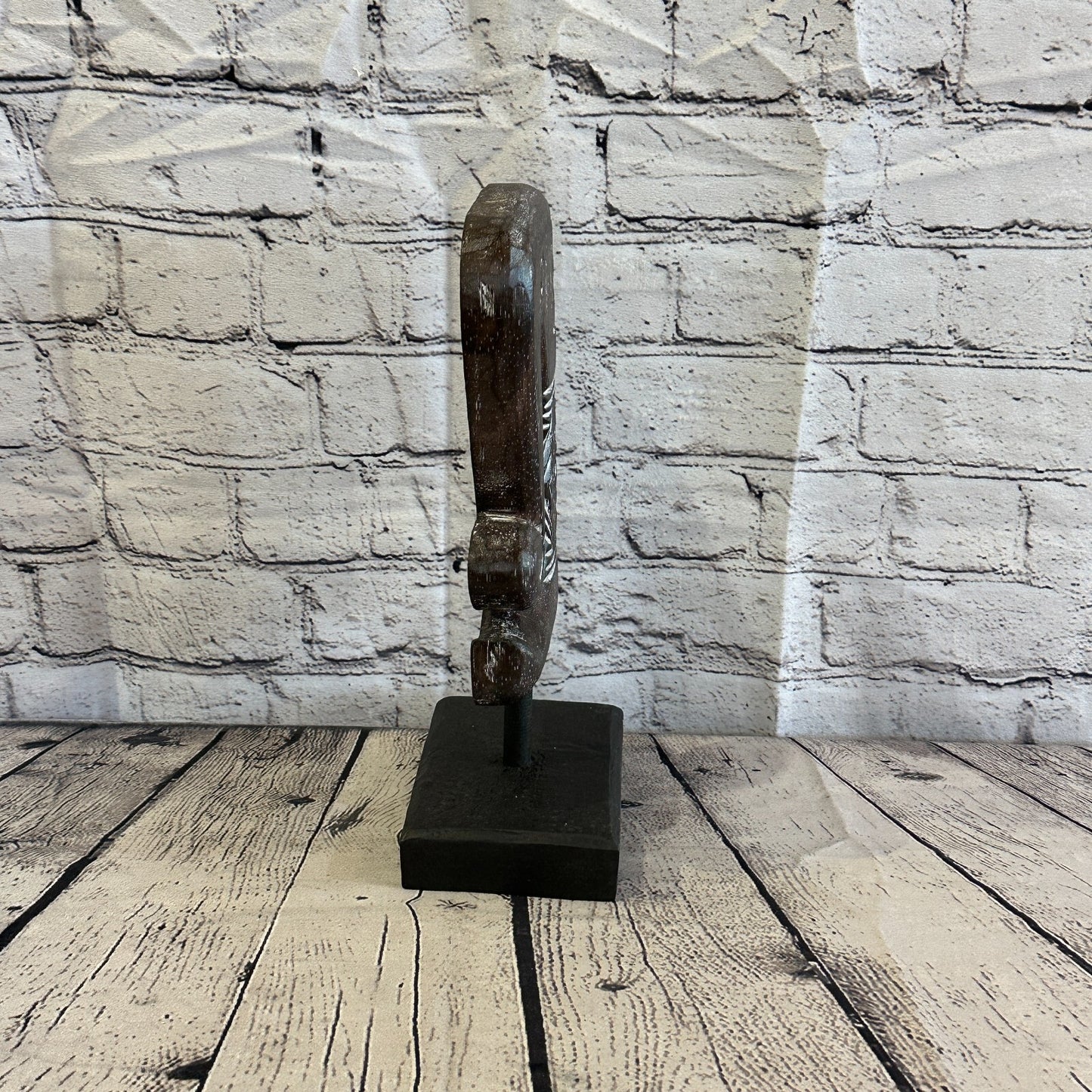 30cm x 14cm Wooden Tribal Primitive Black Elephant Head Stand Sculpture Statue
