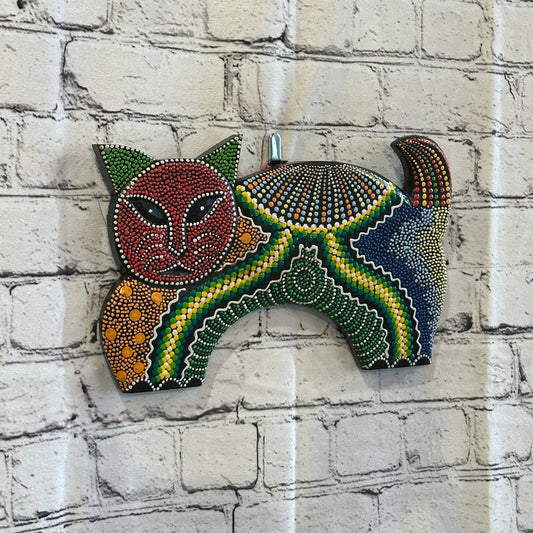 30cm Red Cat Carved Wooden Dot Painted Ethnic Tribal Tiki Wall Art Handmade