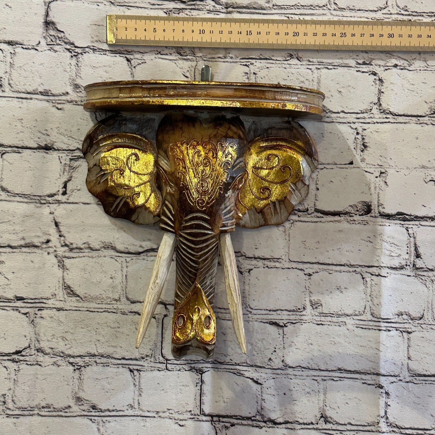 25cm x 25cm Brown Gold Shelf Wood Elephant Head Wall Mounted Art Large Shabby