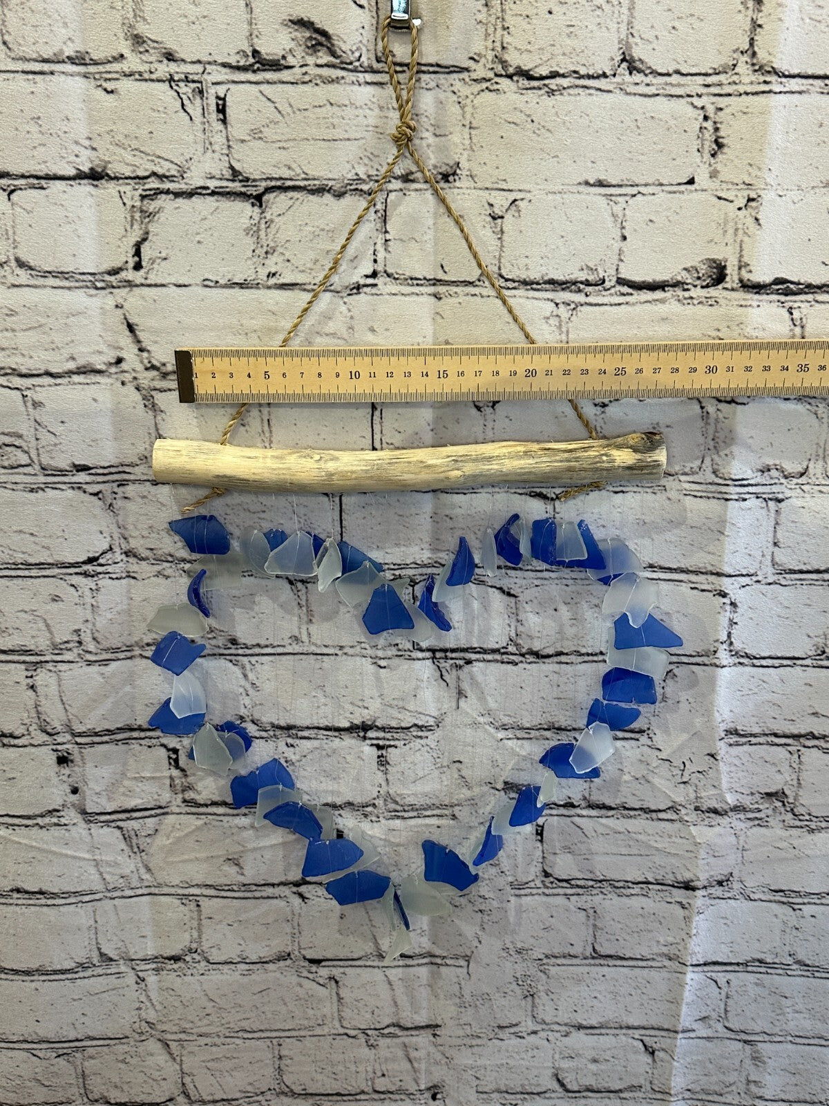 35cm x 25cm Blue Heart Recycled Glass Driftwood Handmade Garden Home Mobile