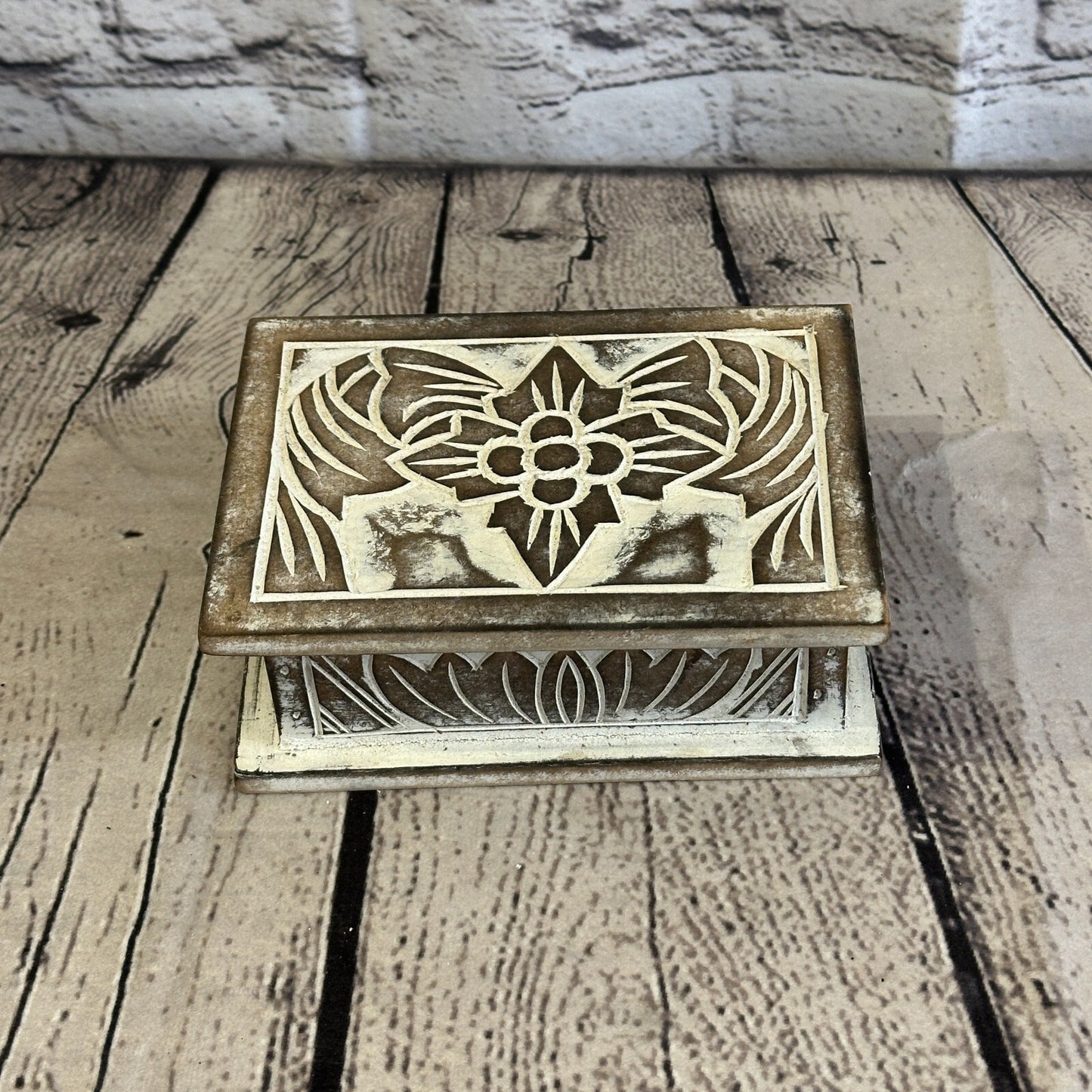 Brown Flower MDF Box Lotus 14cm x 10cm x 6cm Wooden Box Trinket Handmade