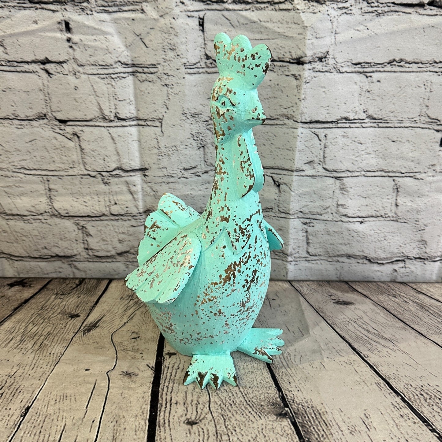 30cm x 15cm Green Shabby Wooden Rooster Cockerel Retro Collectable Hand Carved