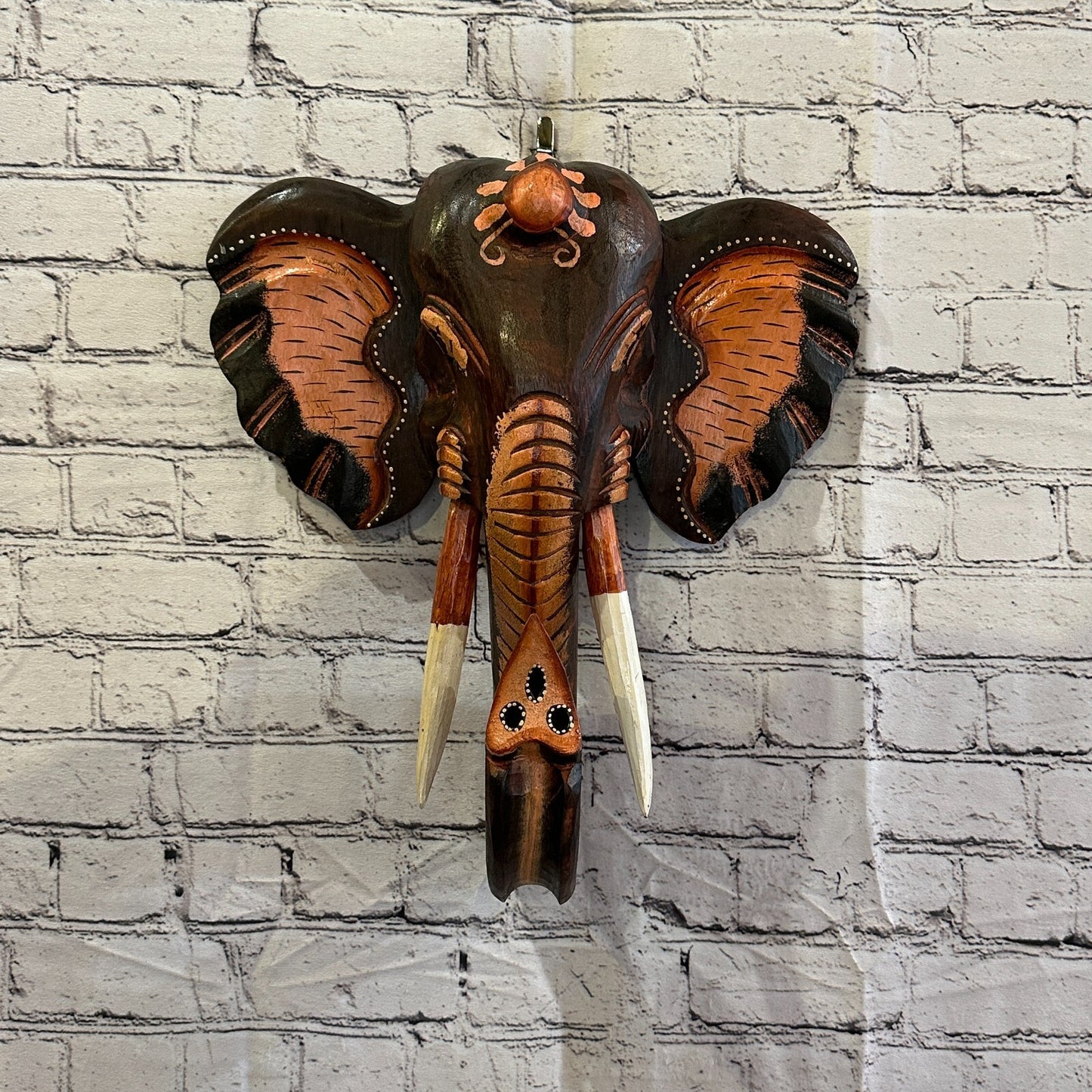 45cm x 35cm Brown Painted Wood Elephant Head Wall Mounted Art Large Shabby
