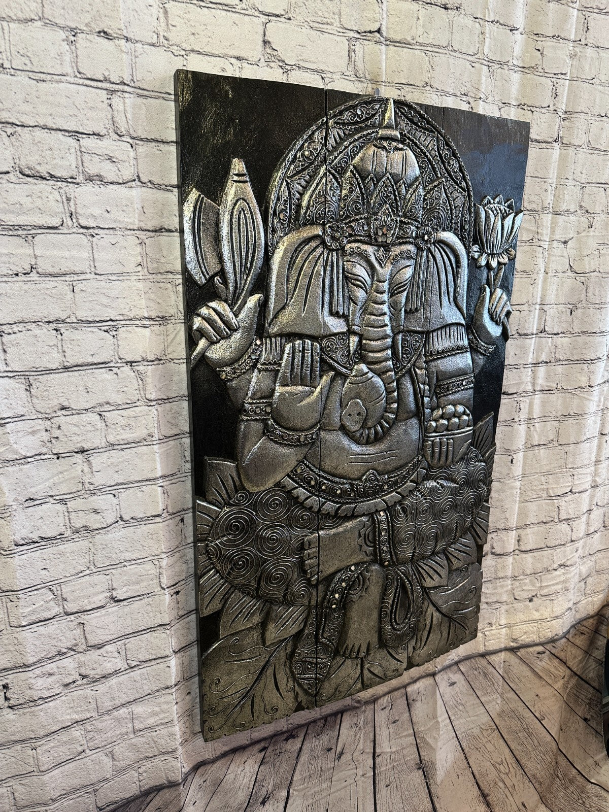 100cm x 60cm Ganesh Silver Panel Wooden Wood Panel Wall Art Plaque Handcarved