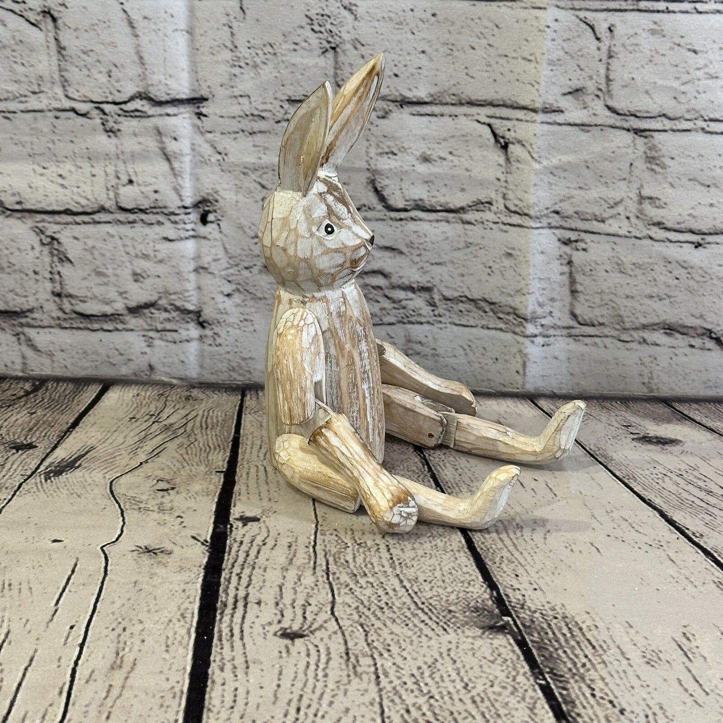 20cm Shabby White Rabbit Sitting Animal Wooden Shelf Ornament Handmade Fairtrade