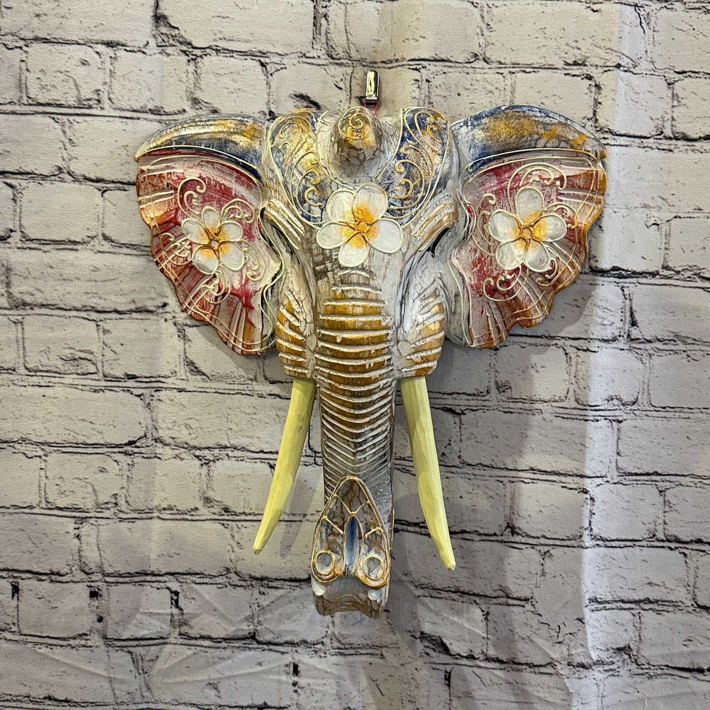 40cm x 35cm Pink Flower Painted Wood Elephant Head Wall Mounted Art Shabby