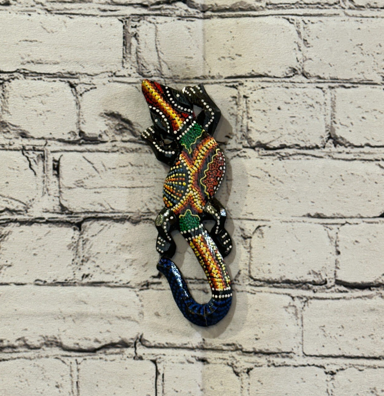20cm Gecko Carved Wooden Dot Painted Ethnic Tribal Tiki Wall Handmade No 4