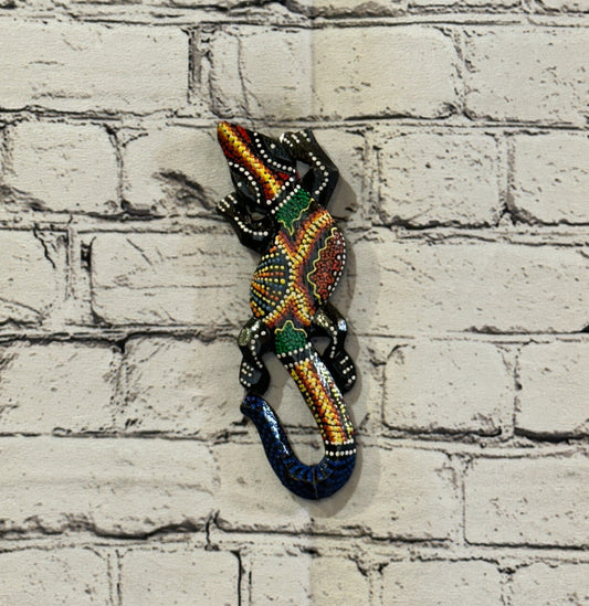 20cm Gecko Carved Wooden Dot Painted Ethnic Tribal Tiki Wall Handmade No 4