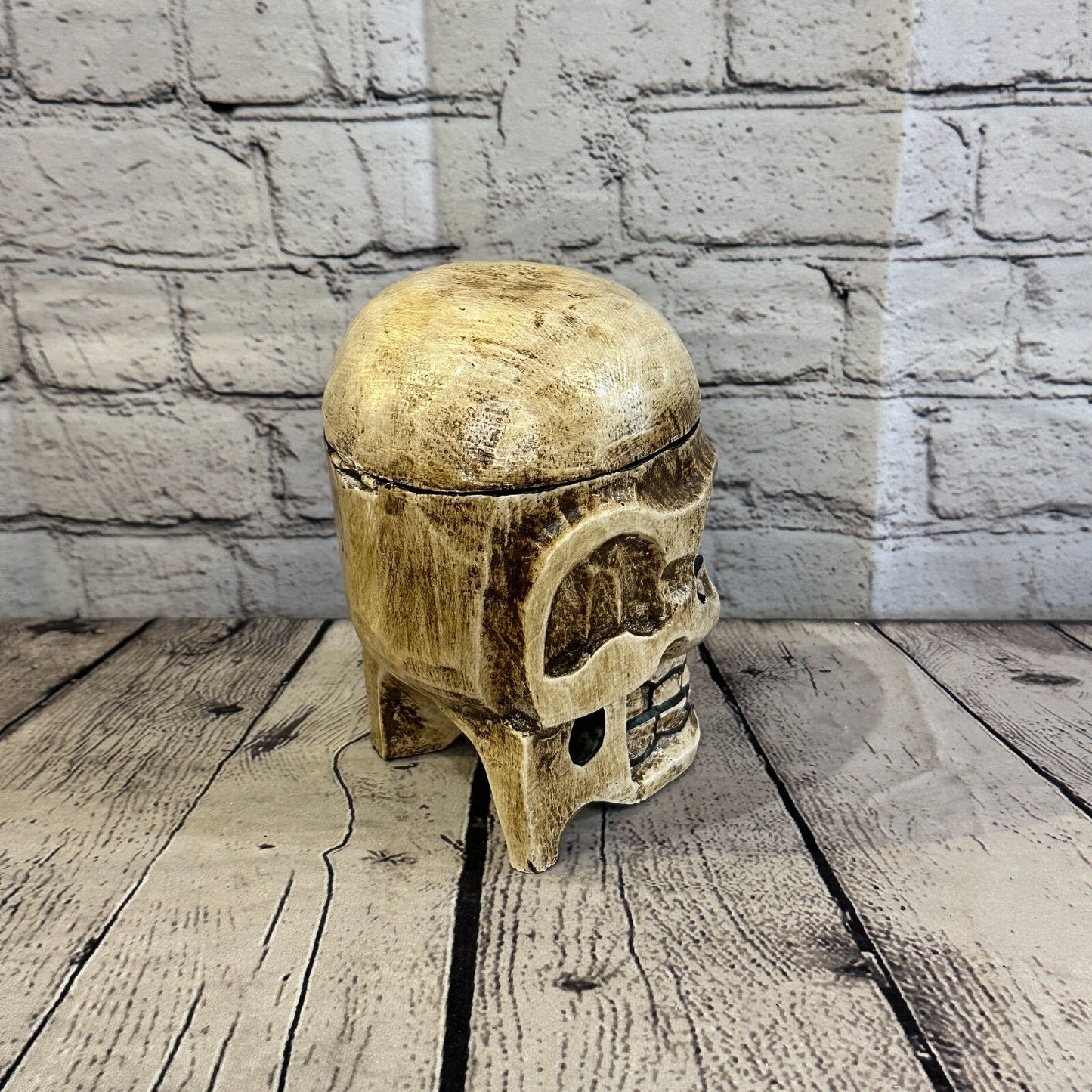18cm x 12cm Shallow Wooden Gothic Skeleton Skull  Head Coffin Jewellery Box