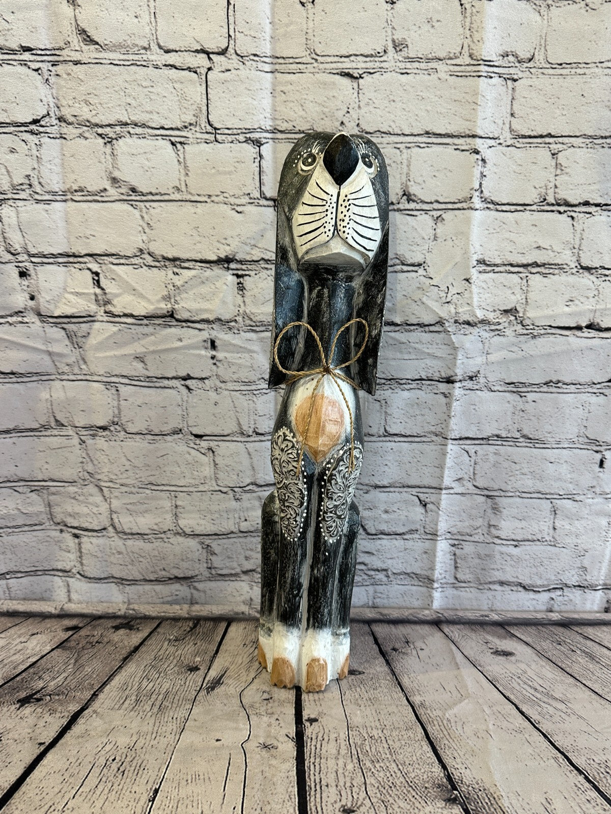50cm Grey Flower Wooden Shabby Dog Statue Ornament Fair Trade Handcarved