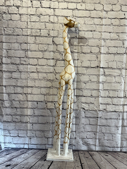 100cm White Dot Painted Wood Giraffe Tall Statue Wood Modern Hand Carved Painted