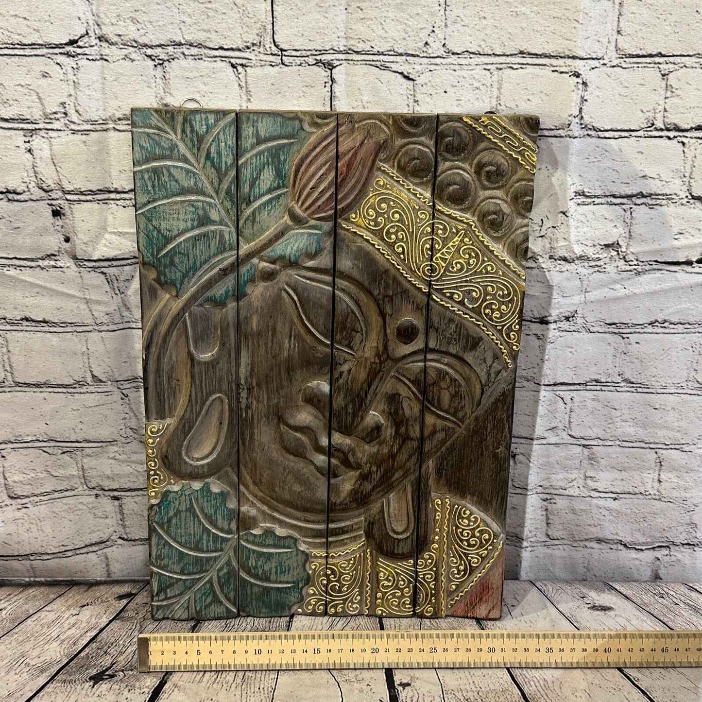 Wooden Wood Panel 45cm Pastel Colour Buddha Lotus Wall Art Plaque Handcarved