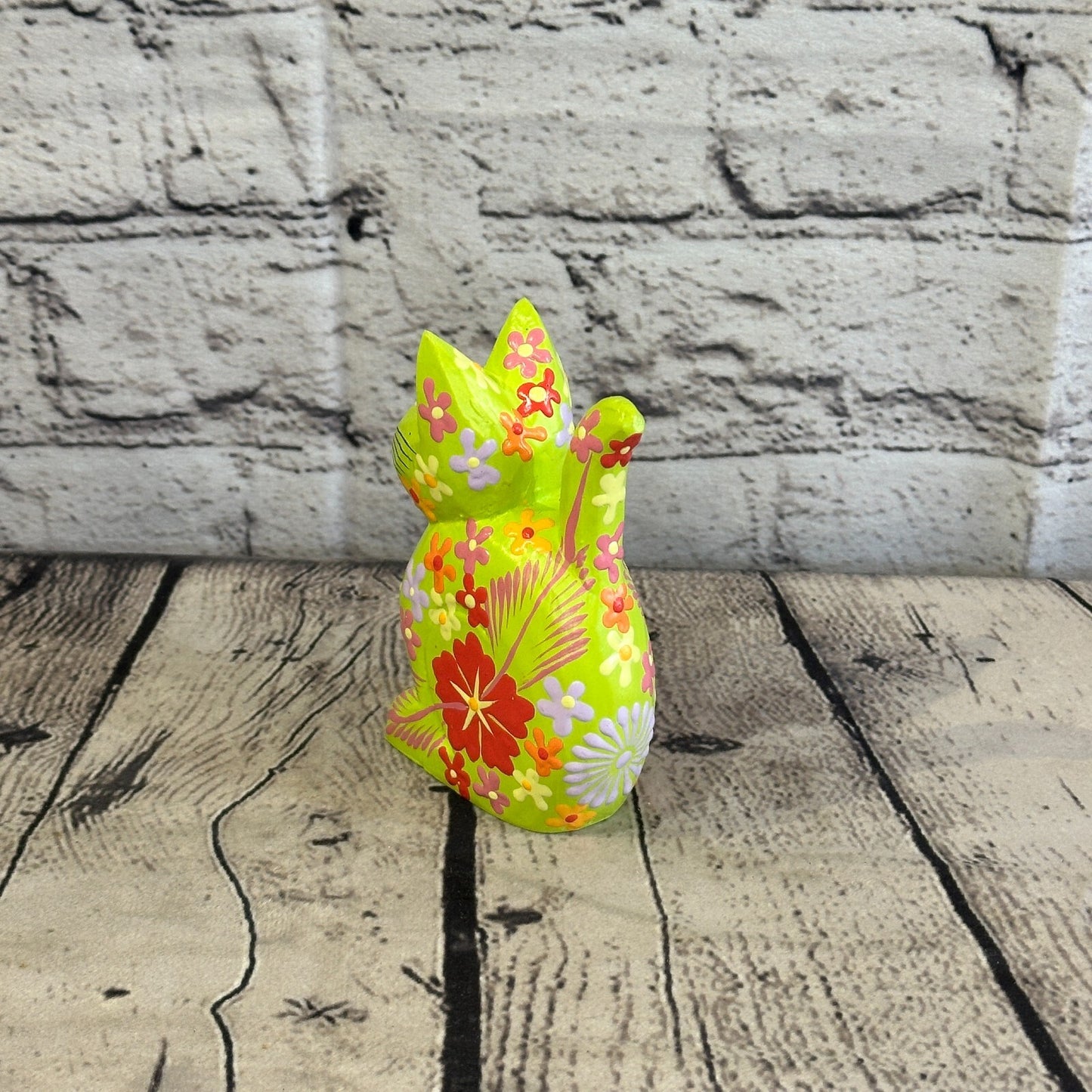 Green Small Wooden Cat With Flower Pattern 12cm x 6cm Handmade and Fairtrade