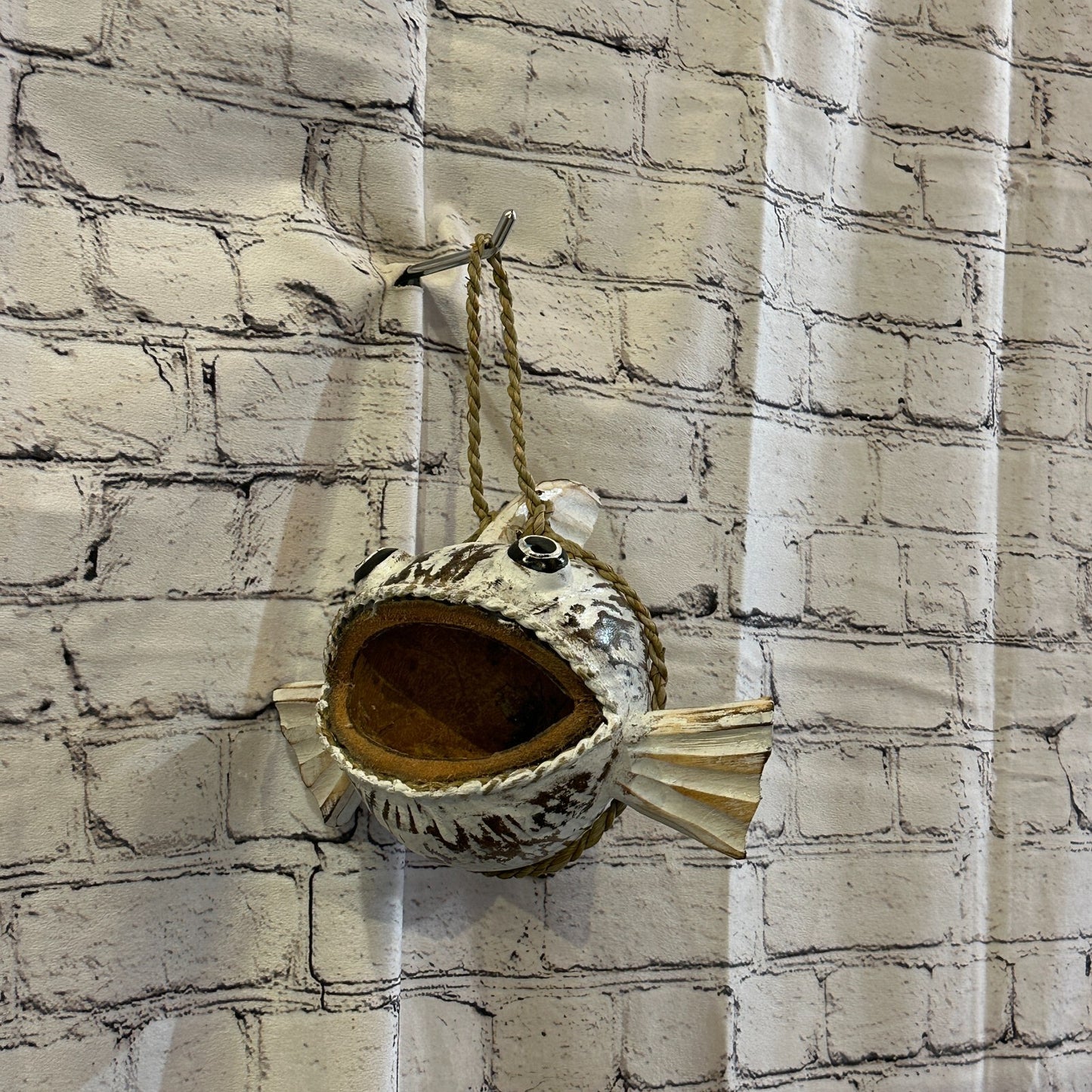 Plain White Folk Art Hand Painted Shark Fish Coconut Shell Ornaments Hanging
