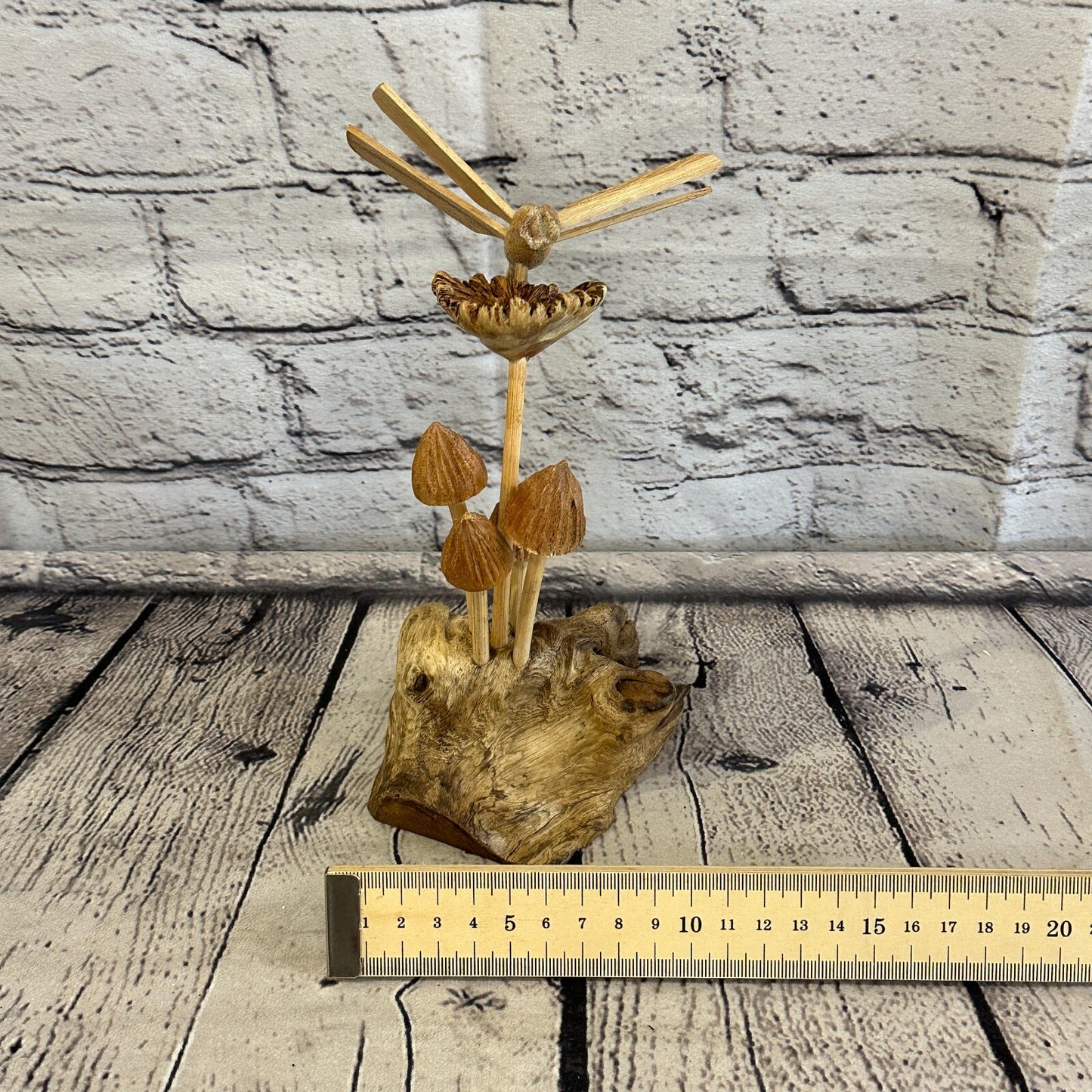 Dragonfly Mushroom Stand Parasite Wood Ornament Natural Carving Wooden Standing