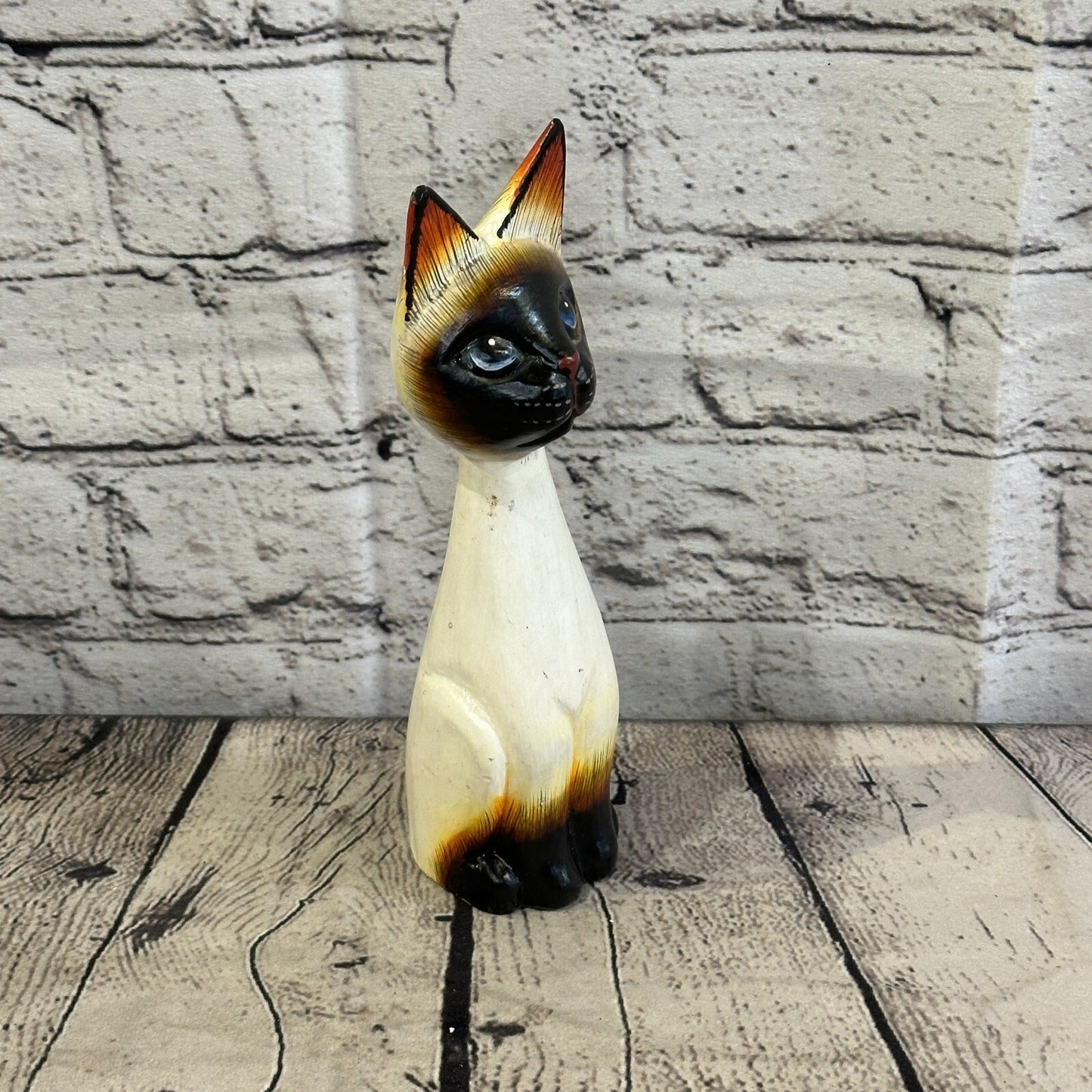 20cm x 7cm Siamese Sitting Bobble Style Painted Wooden Hand Carved Cat Wooden