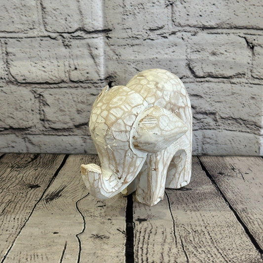 White Wooden Elephant With Shabby Pattern 12cm x 12cm Handmade and Fairtrade
