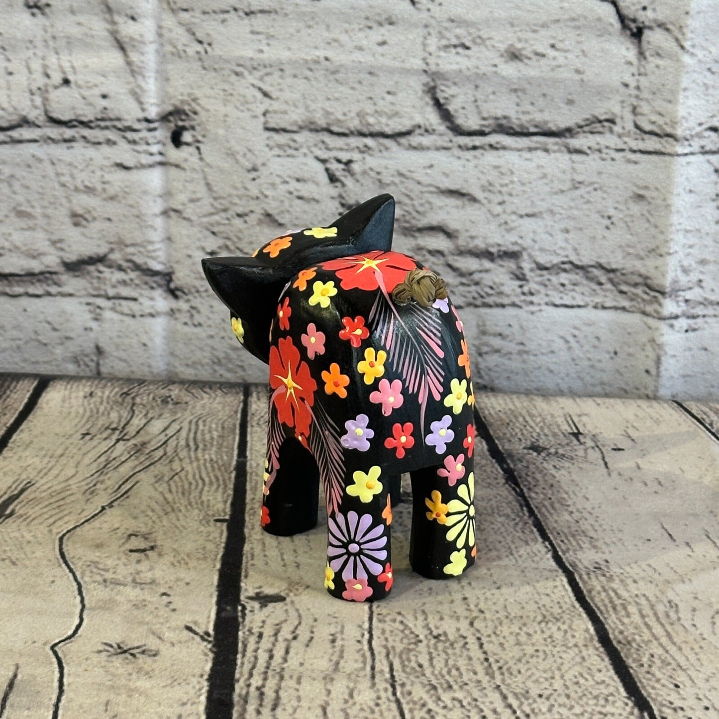 Black Small Wooden Cat With Flower Pattern 10cm x 8cm Handmade and Fairtrade