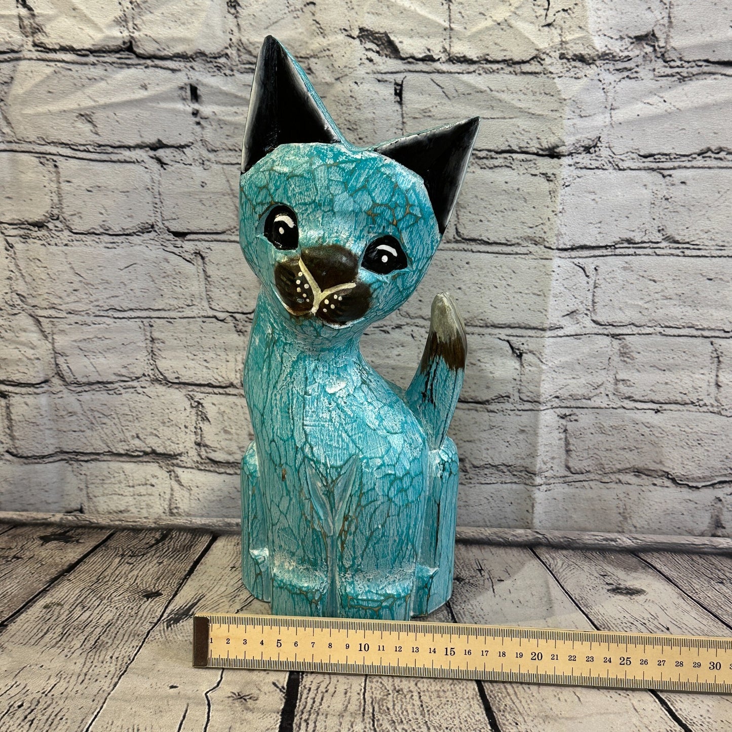 35cm x 15cm Green Flower Wooden Shabby Cat Statue Ornament Fair Trade Handcarved