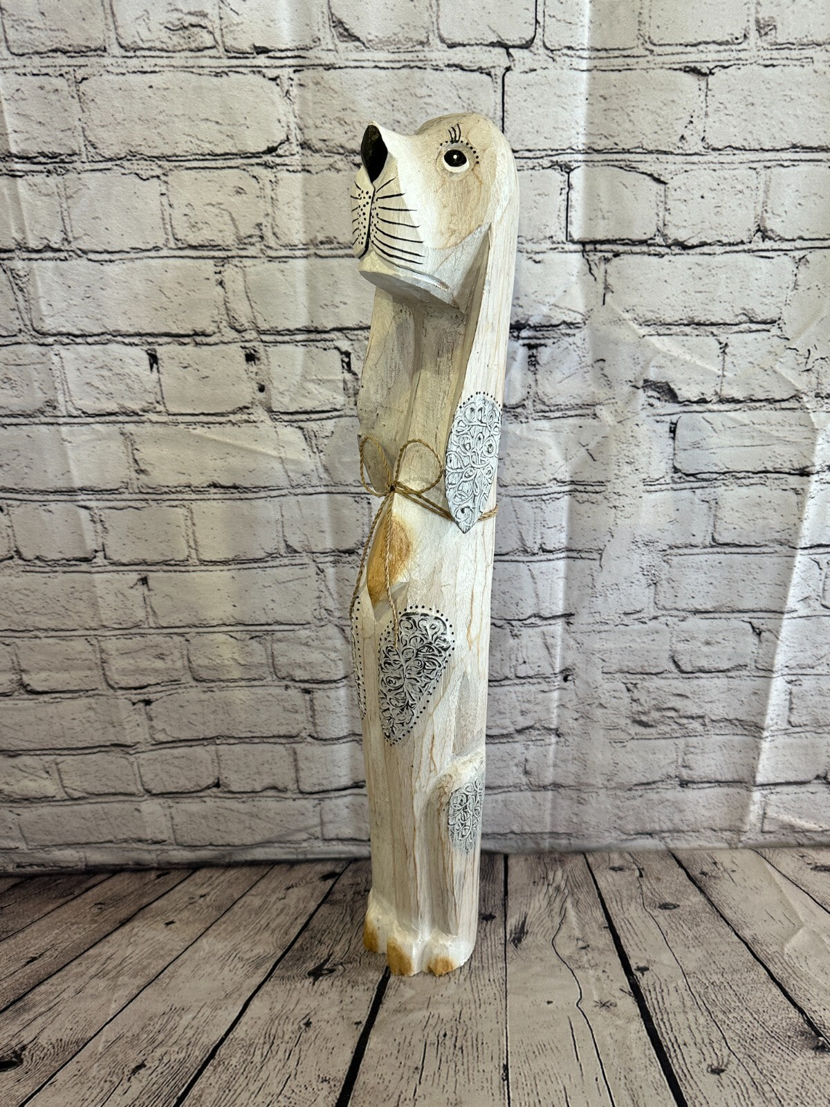 60cm White Flower Wooden Shabby Dog Statue Ornament Fair Trade Handcarved