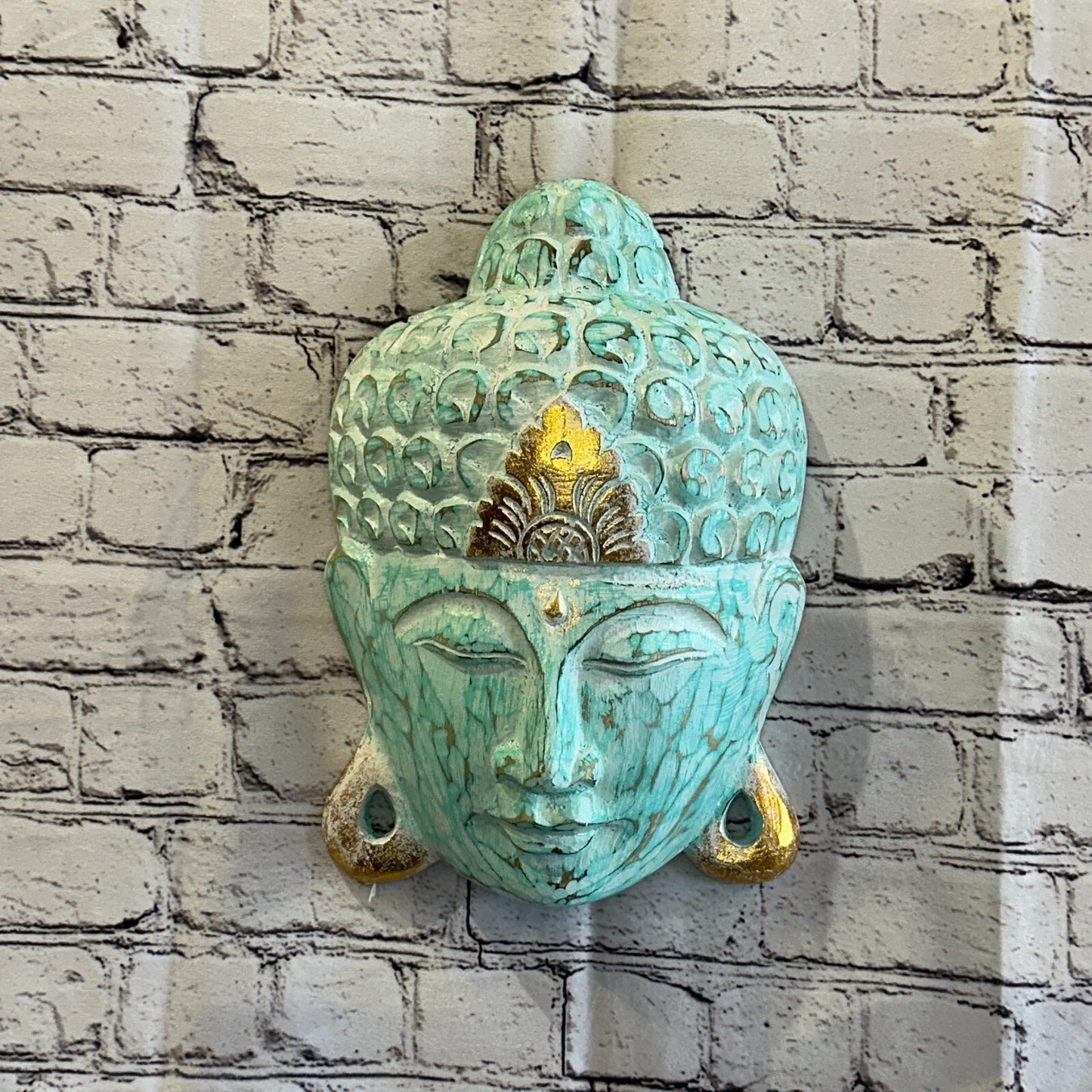 30cm x 20cm Green Buddha Head Mask Wooden Hanging Statue Figurine Ornament