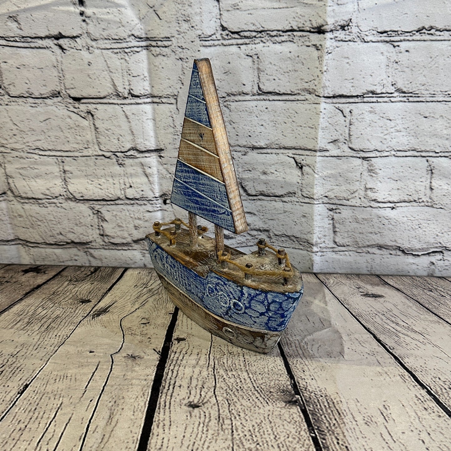 25cm Rustic Wooden Brown & Blue Sailing Boat Nautical Ornament Sculpture Decor