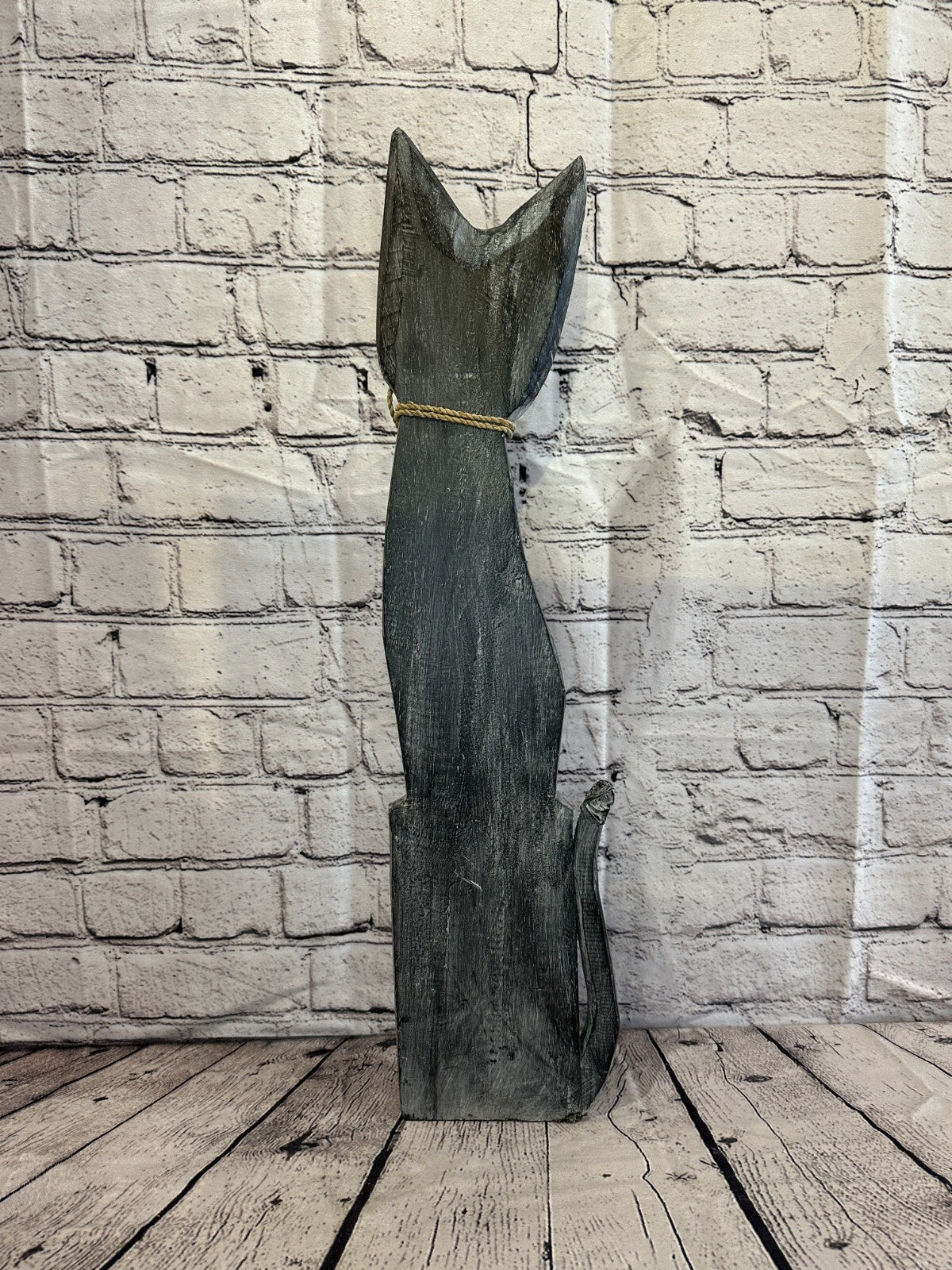 60cm Grey Swirl Flower Wooden Shabby Cat Statue Ornament Fair Trade Handcarved