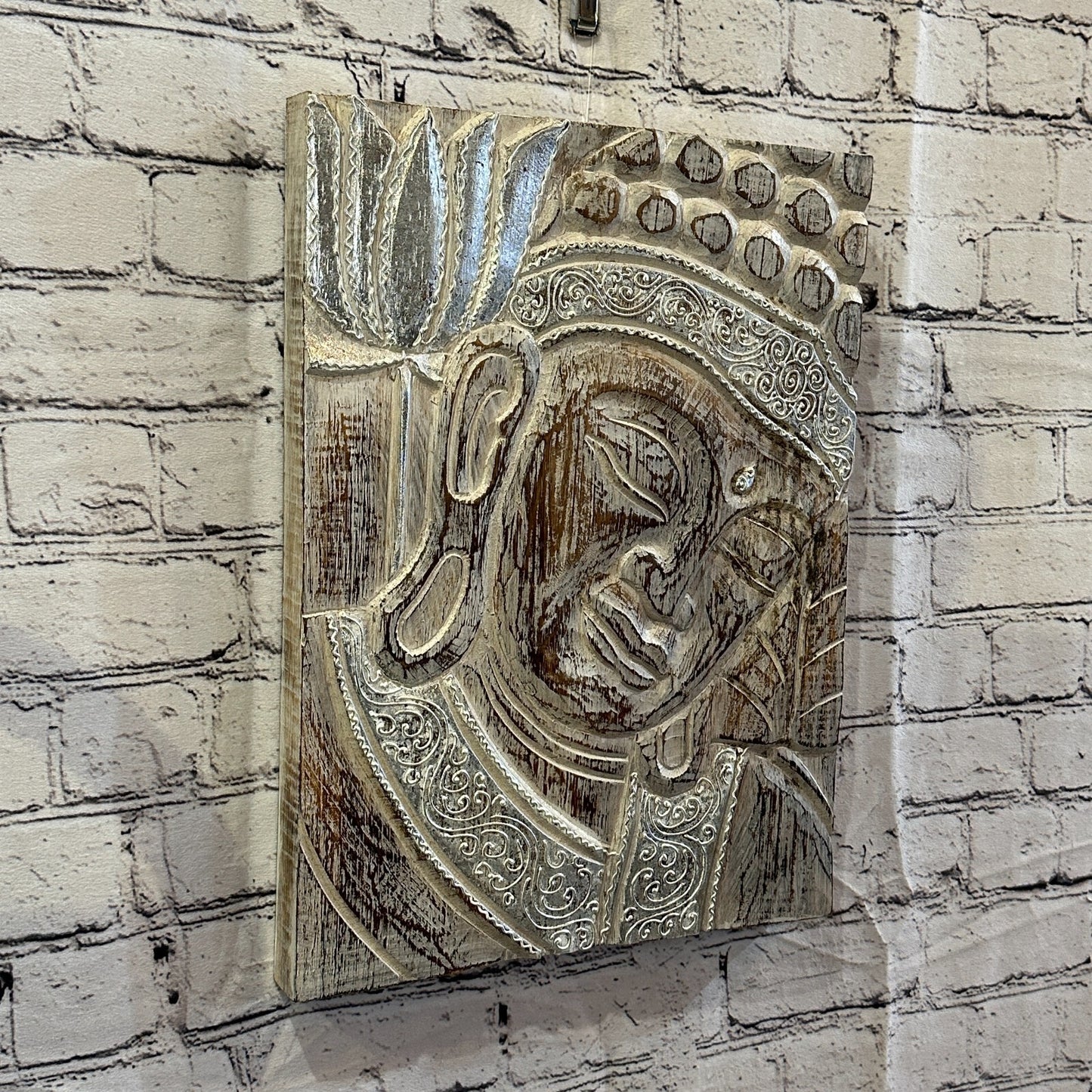 Wooden Wood Panel 40cm Brown White Buddha Tall Lotus Wall Art Plaque Handcarved