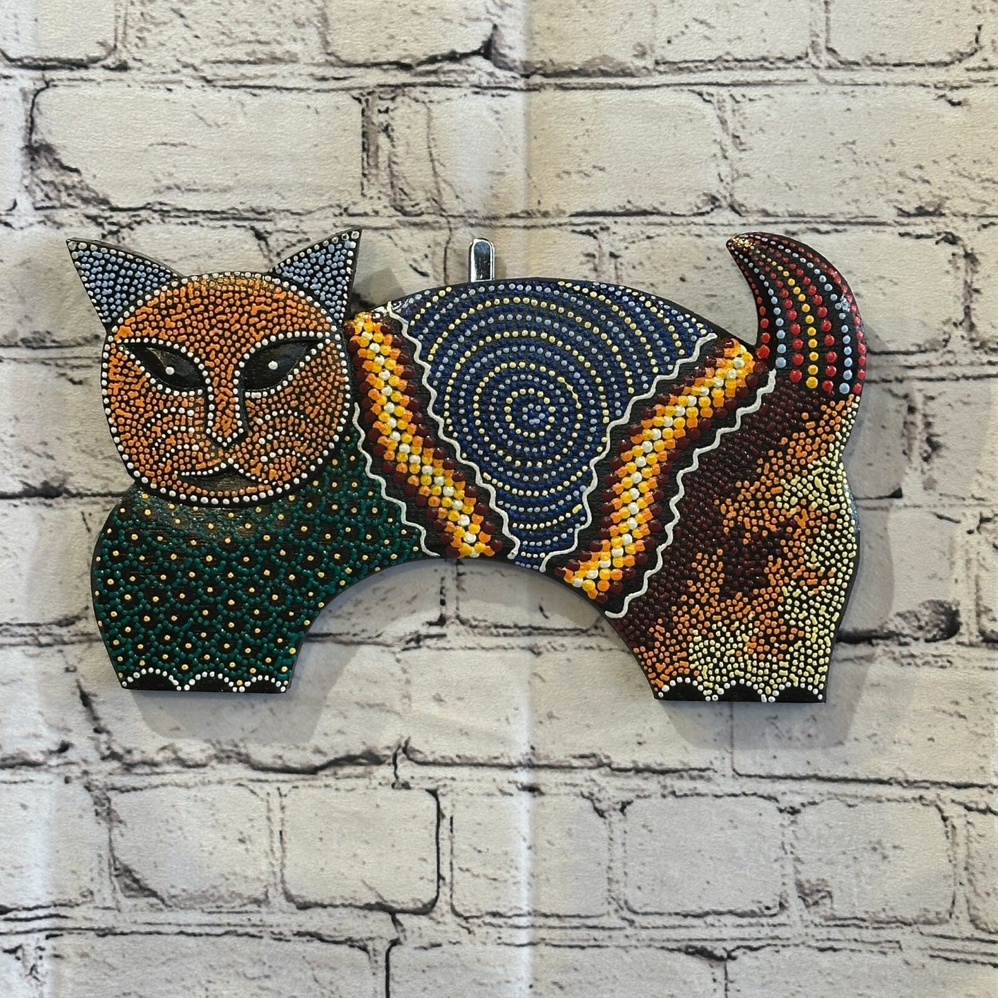 30cm Orange Cat Carved Wooden Dot Painted Ethnic Tribal Tiki Wall Art Handmade