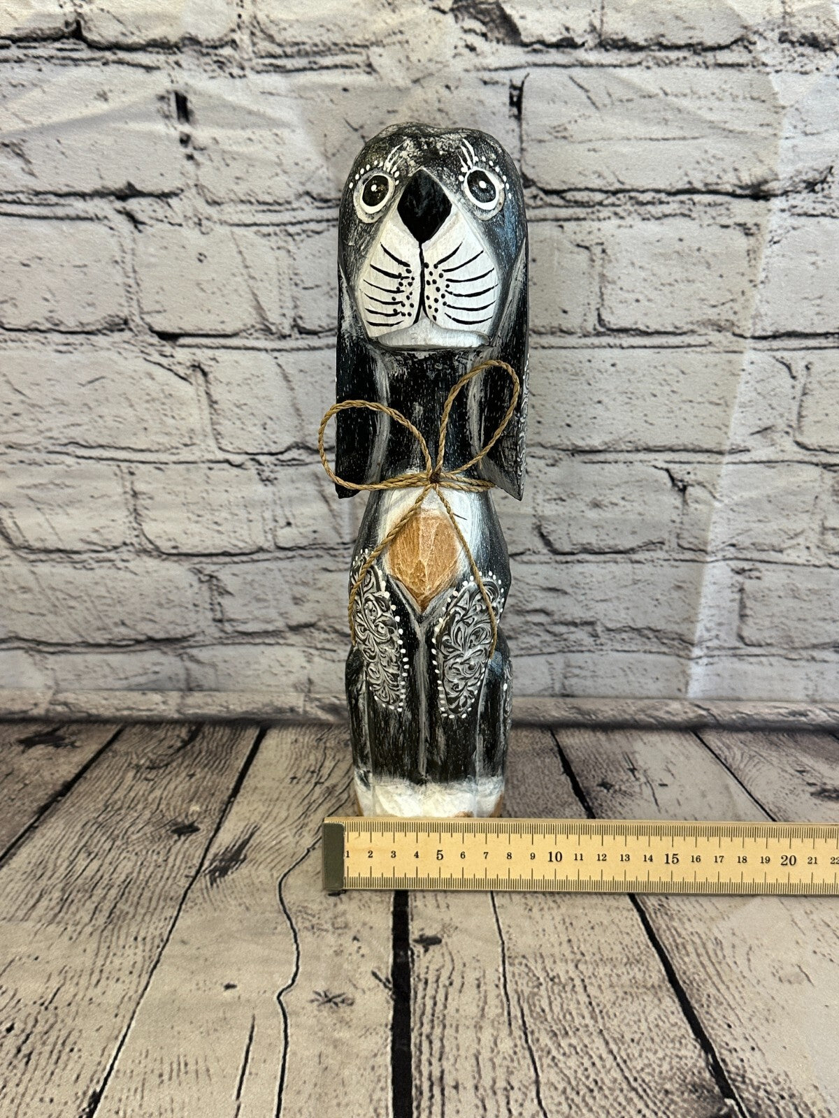 30cm Grey Flower Wooden Shabby Dog Statue Ornament Fair Trade Handcarved
