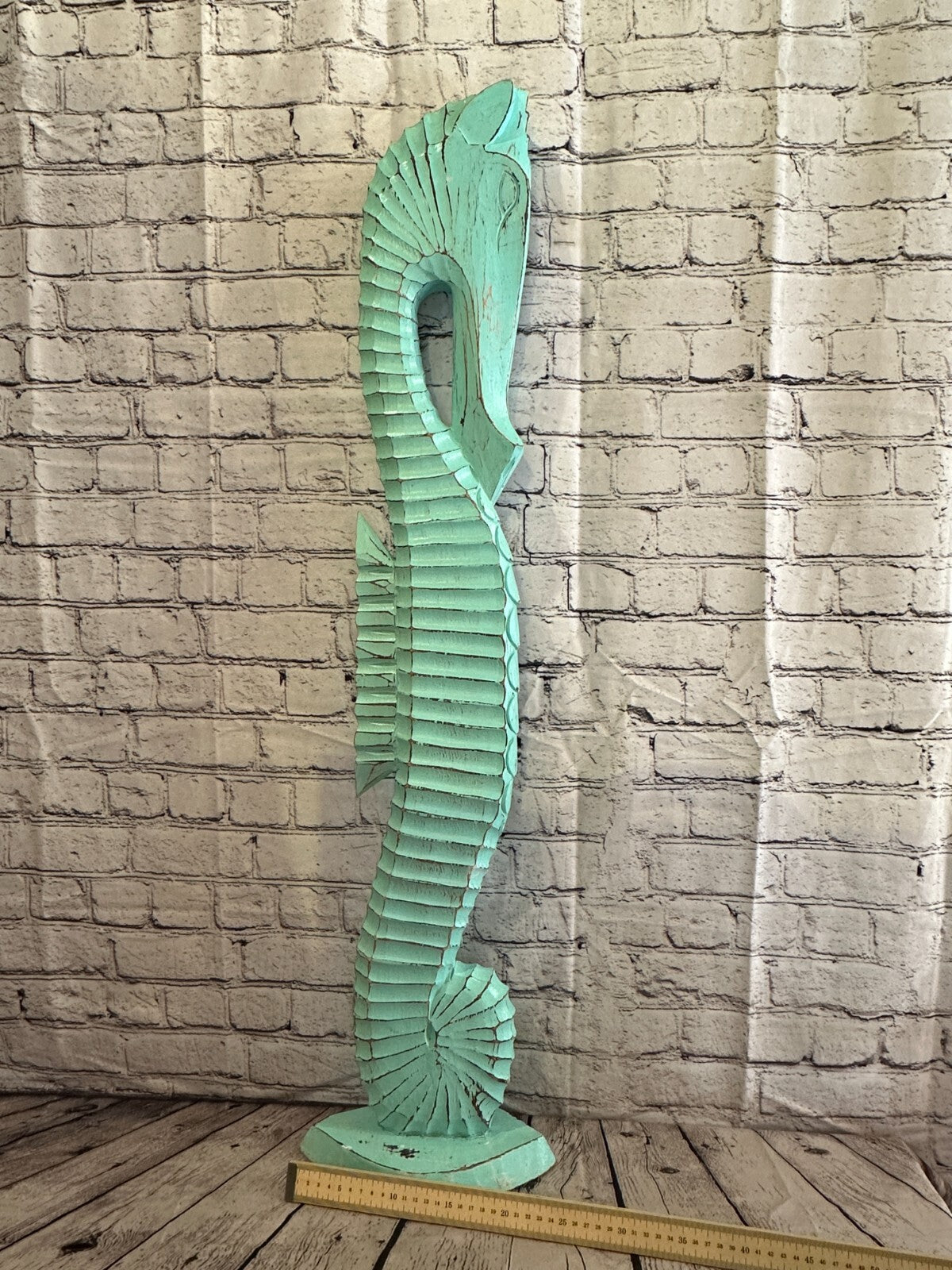 100cm Green Plain Wooden Shabby Seahorse Statue Ornament Fair Trade Handcarved