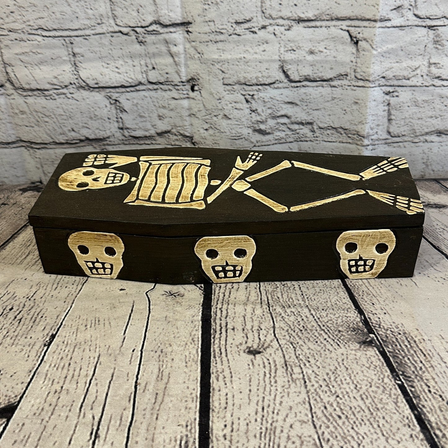 28cm x 8cm x 6cm Coffin Wooden Gothic Skeleton Skull Head Coffin Jewellery Box