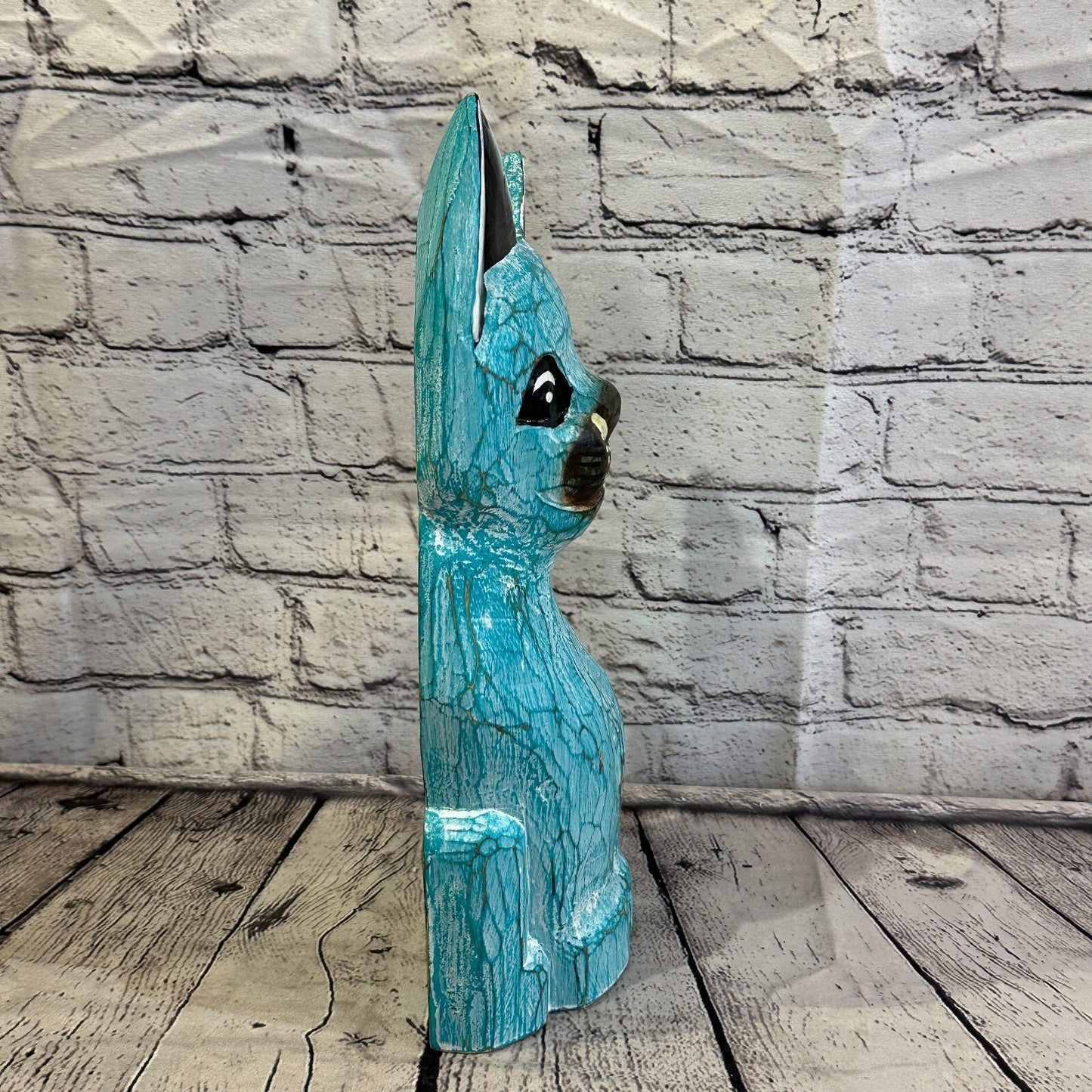 35cm x 15cm Green Flower Wooden Shabby Cat Statue Ornament Fair Trade Handcarved