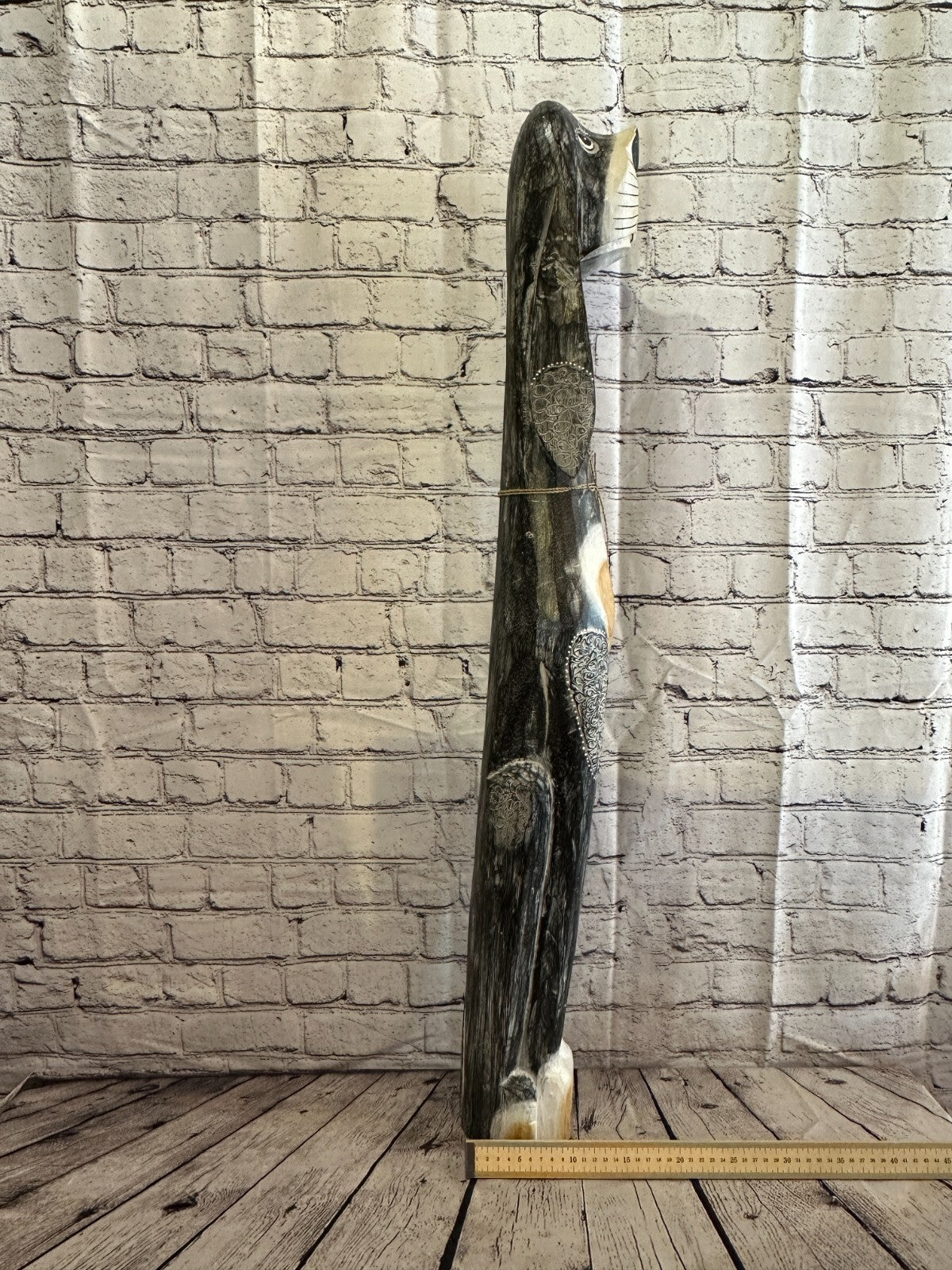 100cm Grey Flower Wooden Shabby Dog Statue Ornament Fair Trade Handcarved