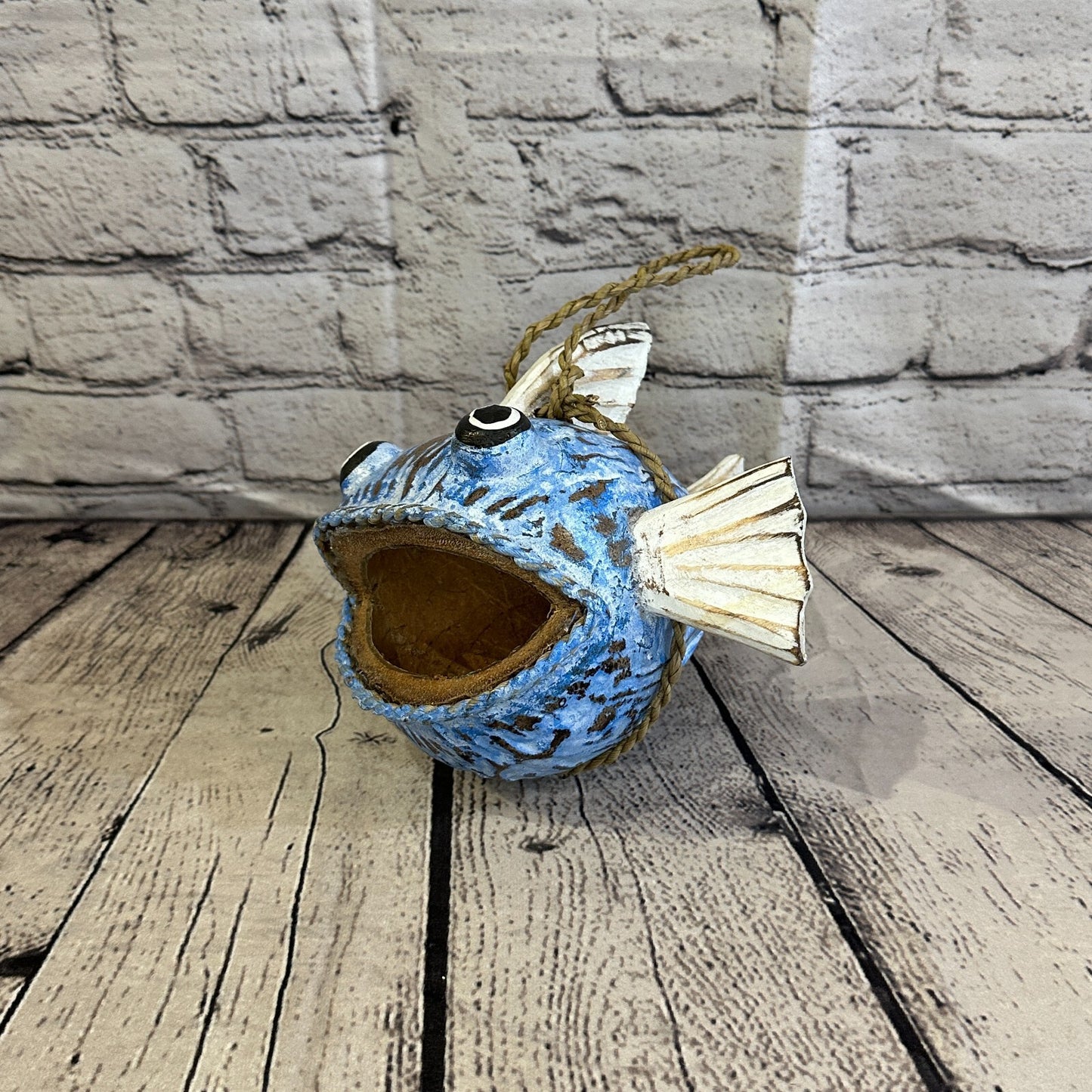 White Blue Folk Art Hand Painted Shark Fish Coconut Shell Ornaments Hanging