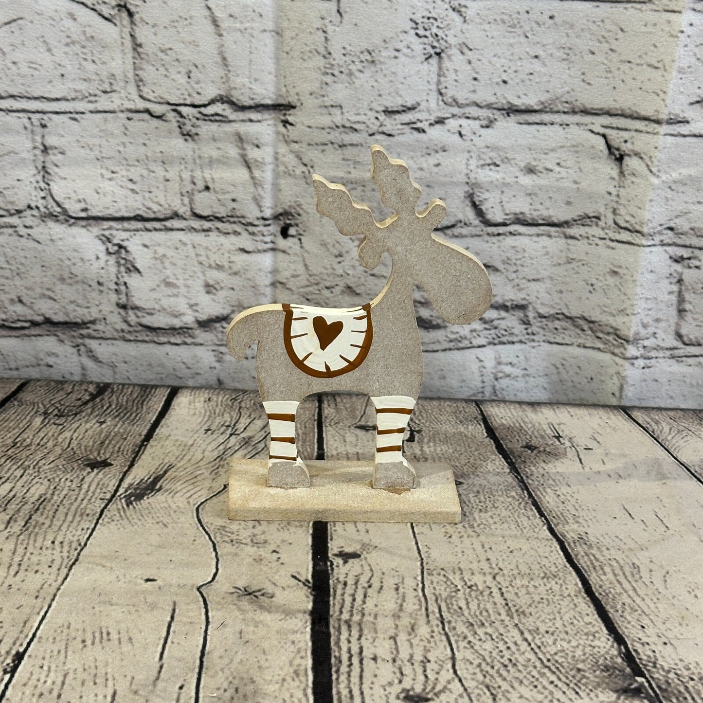 18cm x 10cm Grey Handcrafted Wood Reindeer Xmas Christmas Ornament Antlers