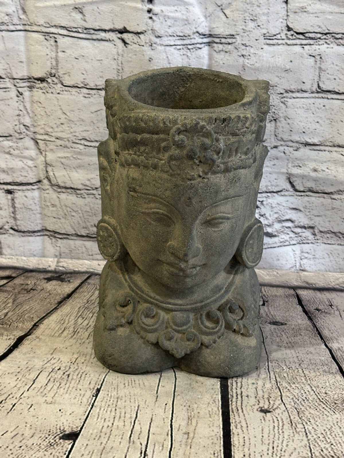 Thai Buddha Head Stone Garden Pot 25cm x 15cm Ornament Indoor Statue Hindu