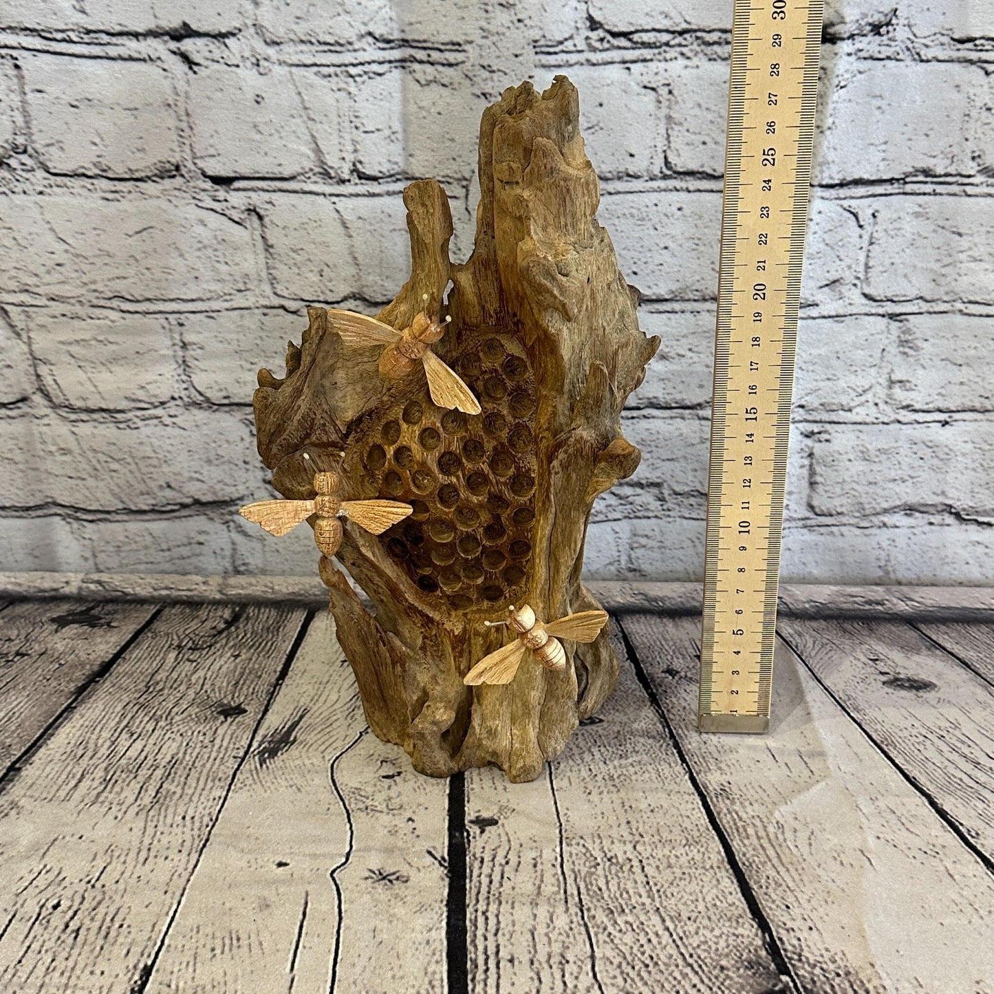 3 Bees Honeycomb Mushroom Parasite Wood Ornament Natural Carving Wooden Standing