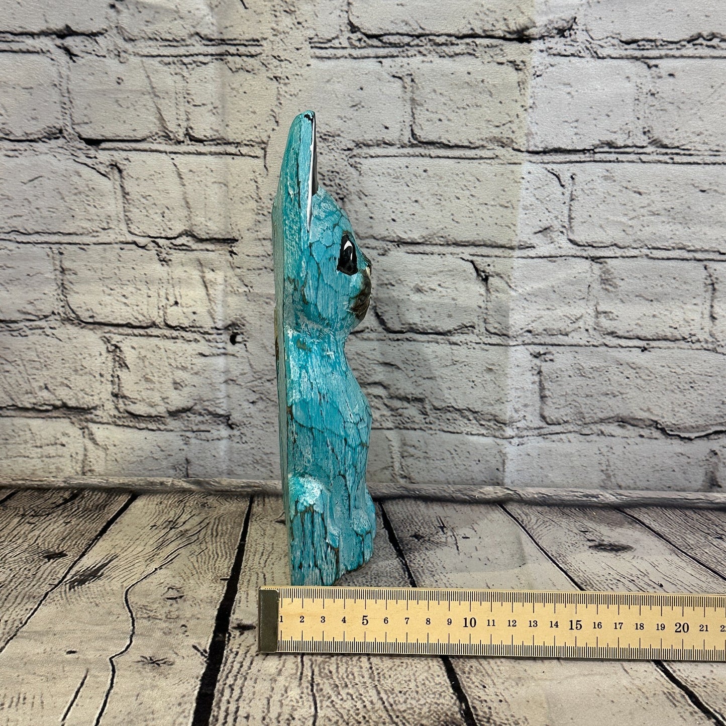25cm x 10cm Green Flower Wooden Shabby Cat Statue Ornament Fair Trade Handcarved