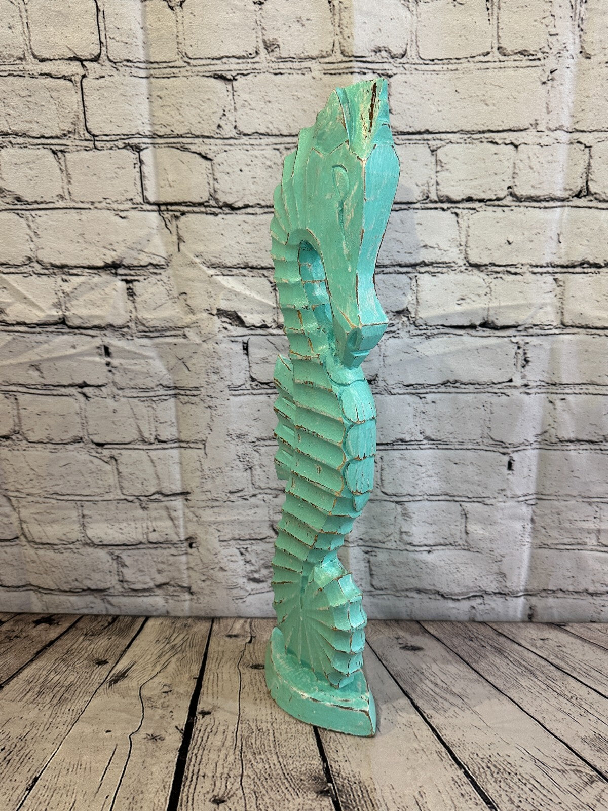 50cm Green Plain Wooden Shabby Seahorse Statue Ornament Fair Trade Handcarved