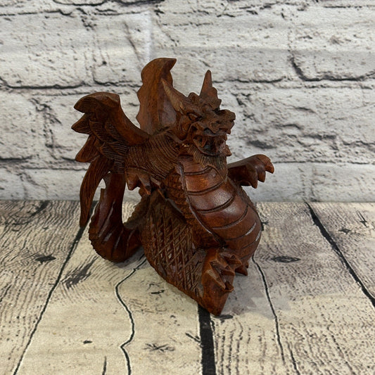 12cm x 10cm Dark Wooden Standing Dragon Carving Hand Carved Wing Back Dragon