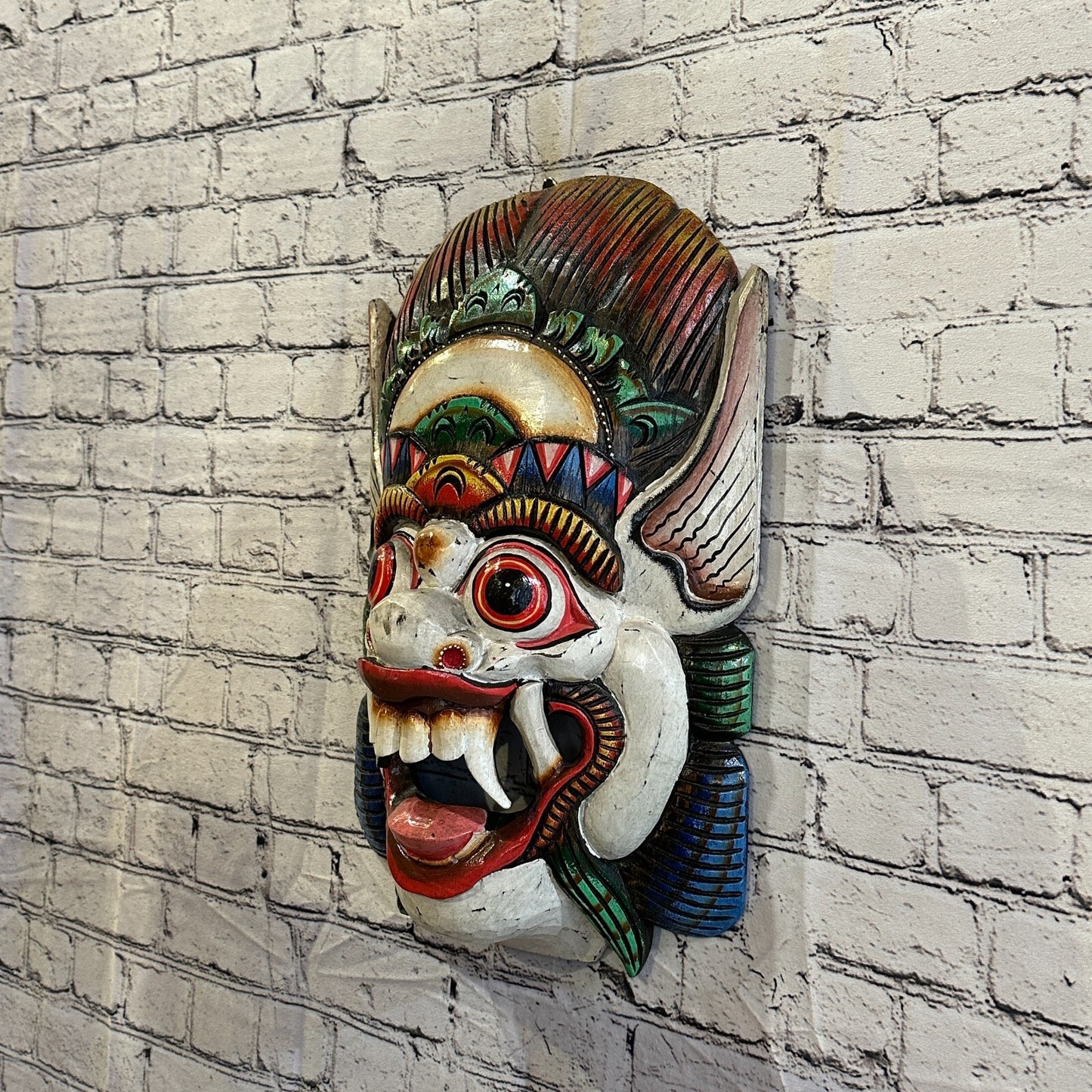 Large Wooden White Barong Wall Mask 50cm x 30cm Handmade And Fairtrade