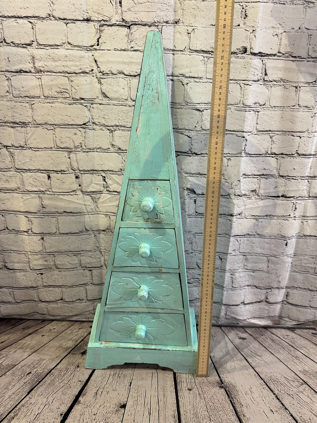 80cm x 30cm Green 3 Draw Pyramid Wooden Side Cabinet Living Storage Furniture