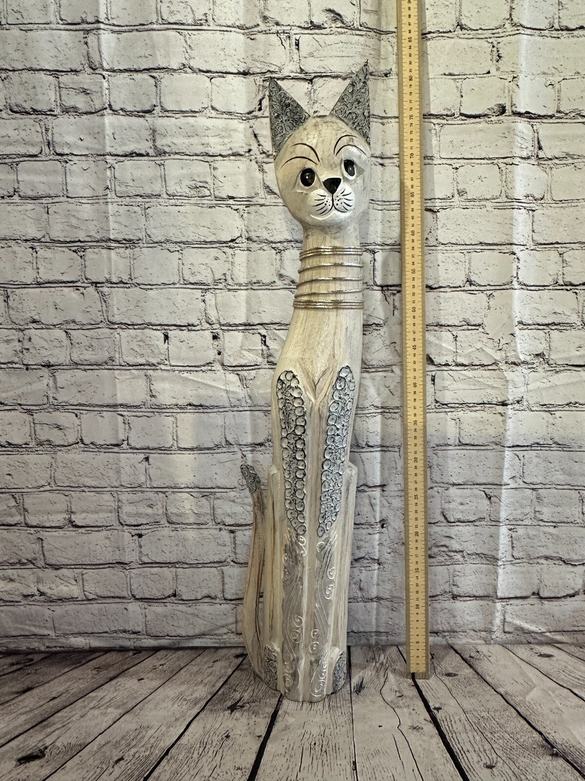 80cm White Swirl Flower Wooden Shabby Cat Statue Ornament Fair Trade Handcarved