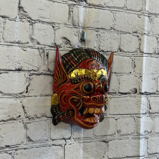 Large Wooden Red Barong Wall Mask 18cm x 18cm Handmade And Fairtrade Hindu