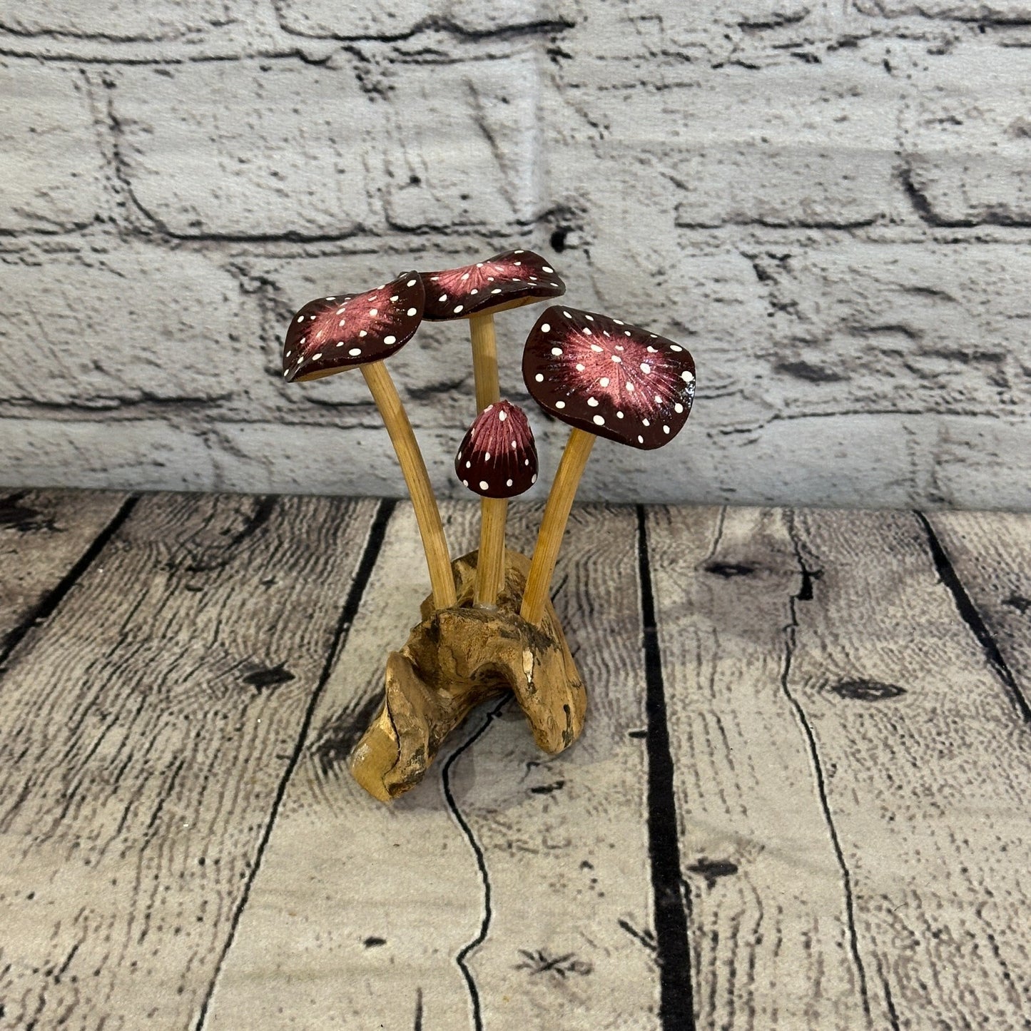 Purple Pink Painted Mushroom Parasite Ornament Natural Carving Fairtrade Wooden